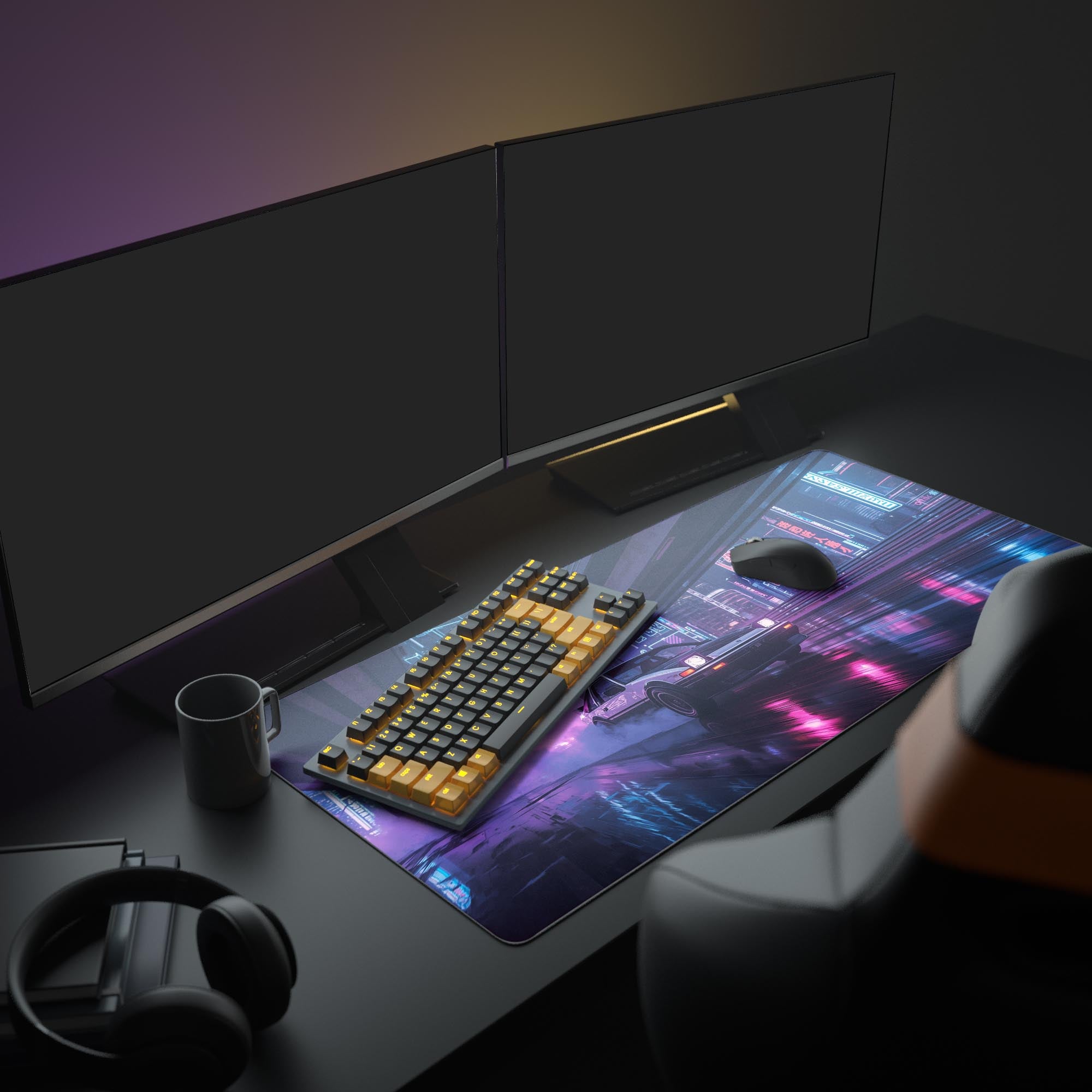 Neon drift desk mat with cyberpunk cityscape – shown in a retro-futuristic setup with mechanical keyboard and dual monitors. - Epic Design Pads