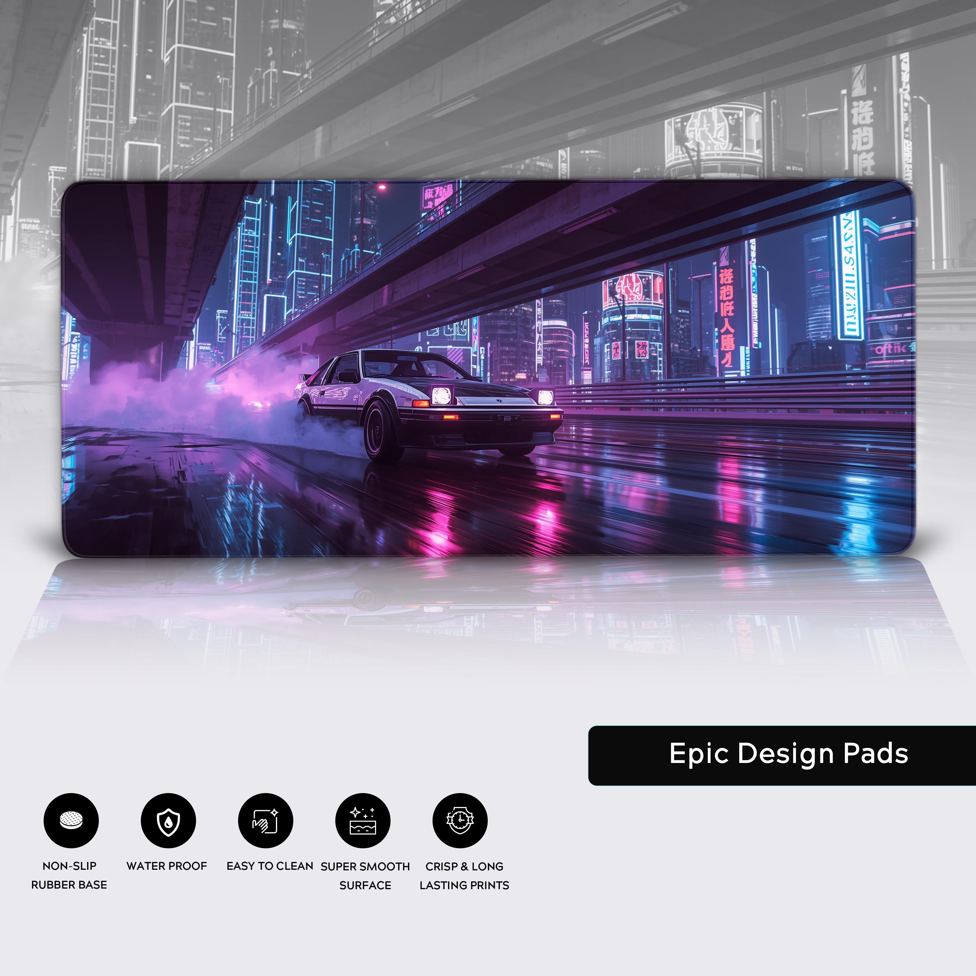 Drift racing desk mat featuring Toyota AE86 – showcasing stitched edges, non-slip base, and vibrant synthwave colors. - Epic Design Pads