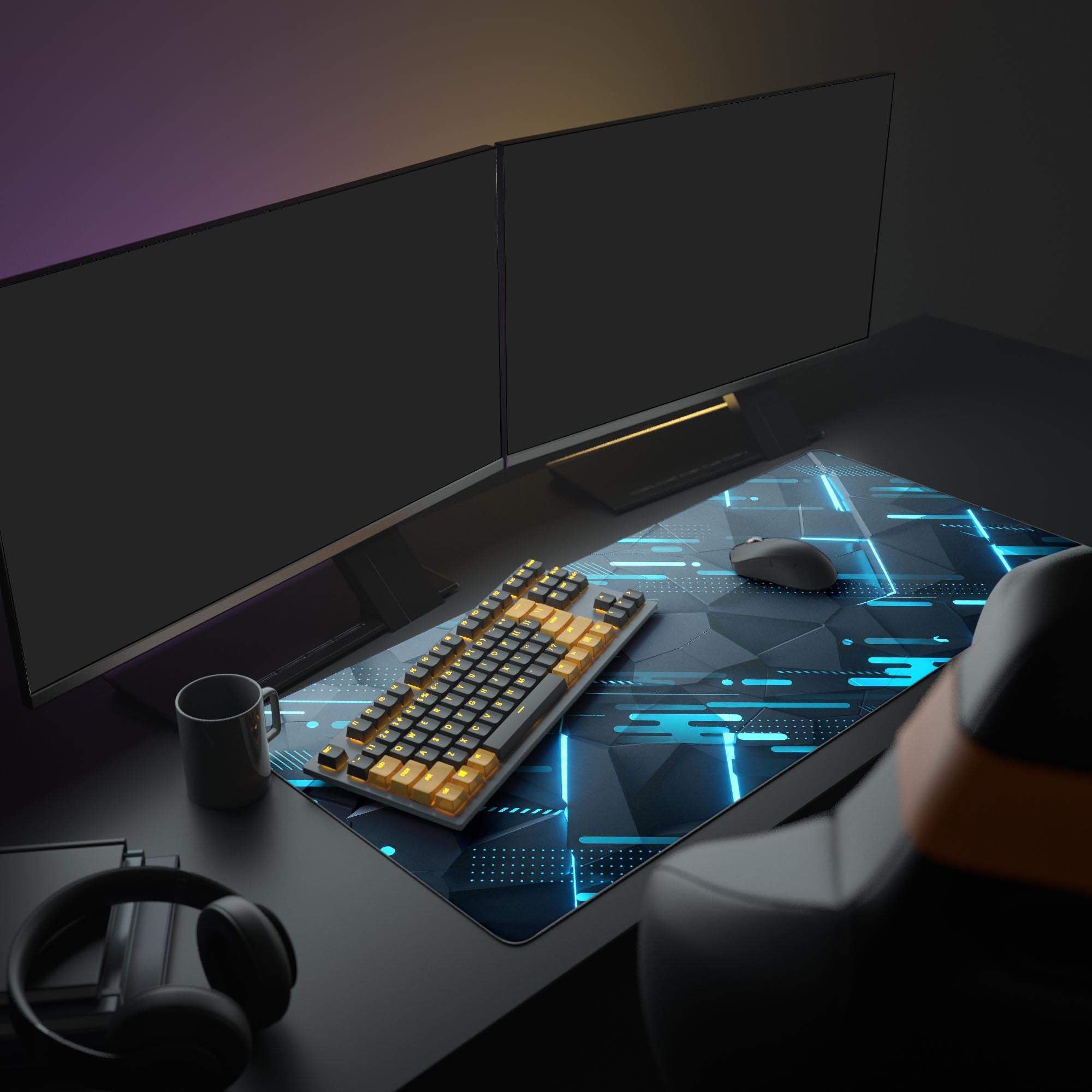 Close-up of the Cobalt Matrix desk mat showing high-definition crisp prints of futuristic neon streaks over geometric shapes.