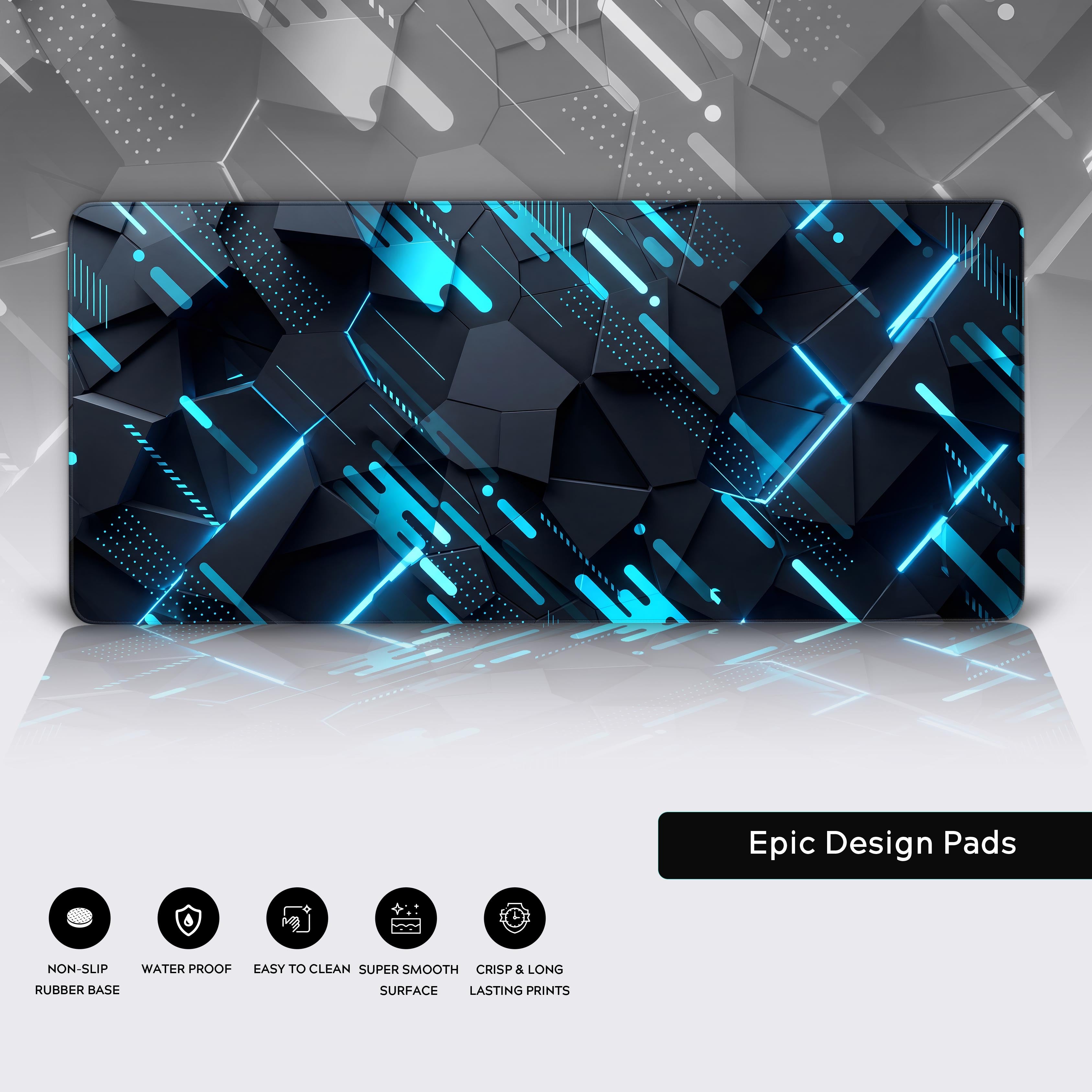 High-tech gaming desk mat featuring an abstract geometric neon blue and black extra large surface.
