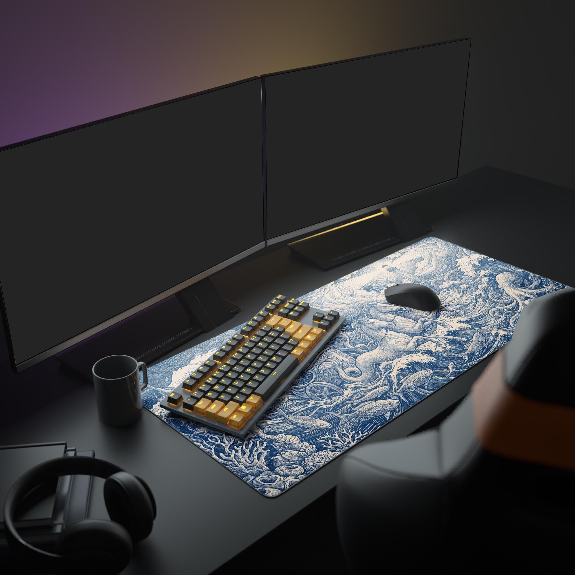 A full desk setup showcasing the Neptune's Chariot extended mouse pad. The blue and white mythological design complements a modern gaming monitor, keyboard, and mouse. - Epic Design Pads & Mousepads