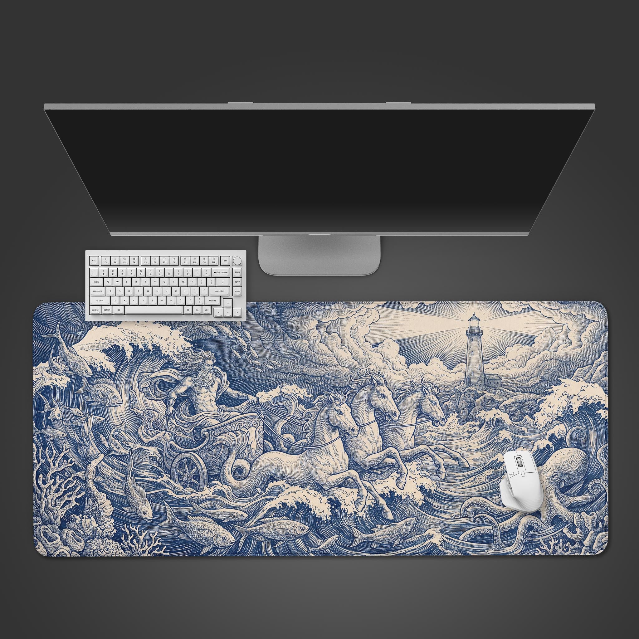 A top-down view of the Neptune's Chariot gaming desk mat, featuring a vintage nautical design. A white keyboard and mouse are placed on the mat below a sleek monitor. - Epic Design Pads & Mousepads