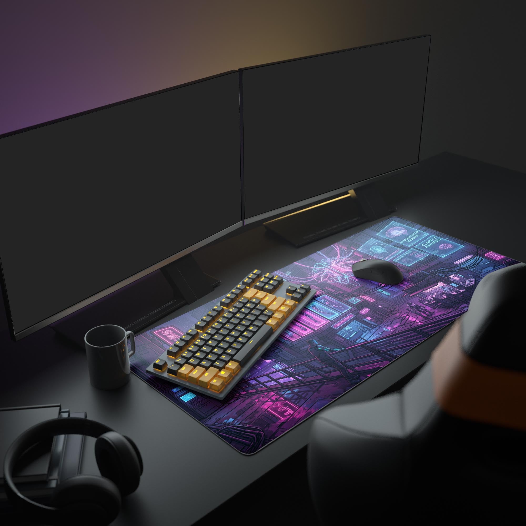 The Neural Datahaven cyberpunk mouse pad anchoring a full PC gaming setup, with its neon pink and blue cityscape glowing under multiple monitors. - Epic Design Pads & Mousepads