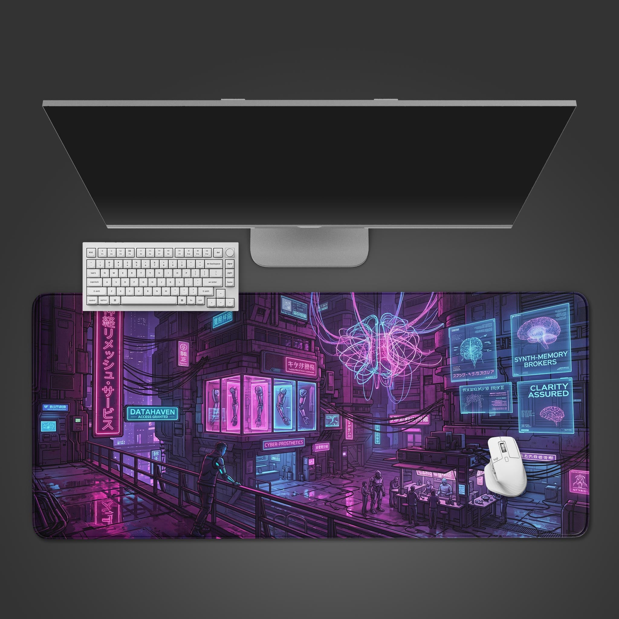A top-down view of the Neural Datahaven gaming desk mat, showcasing its vibrant cyberpunk city design beneath a sleek monitor, keyboard, and white mouse. - Epic Design Pads & Mousepads