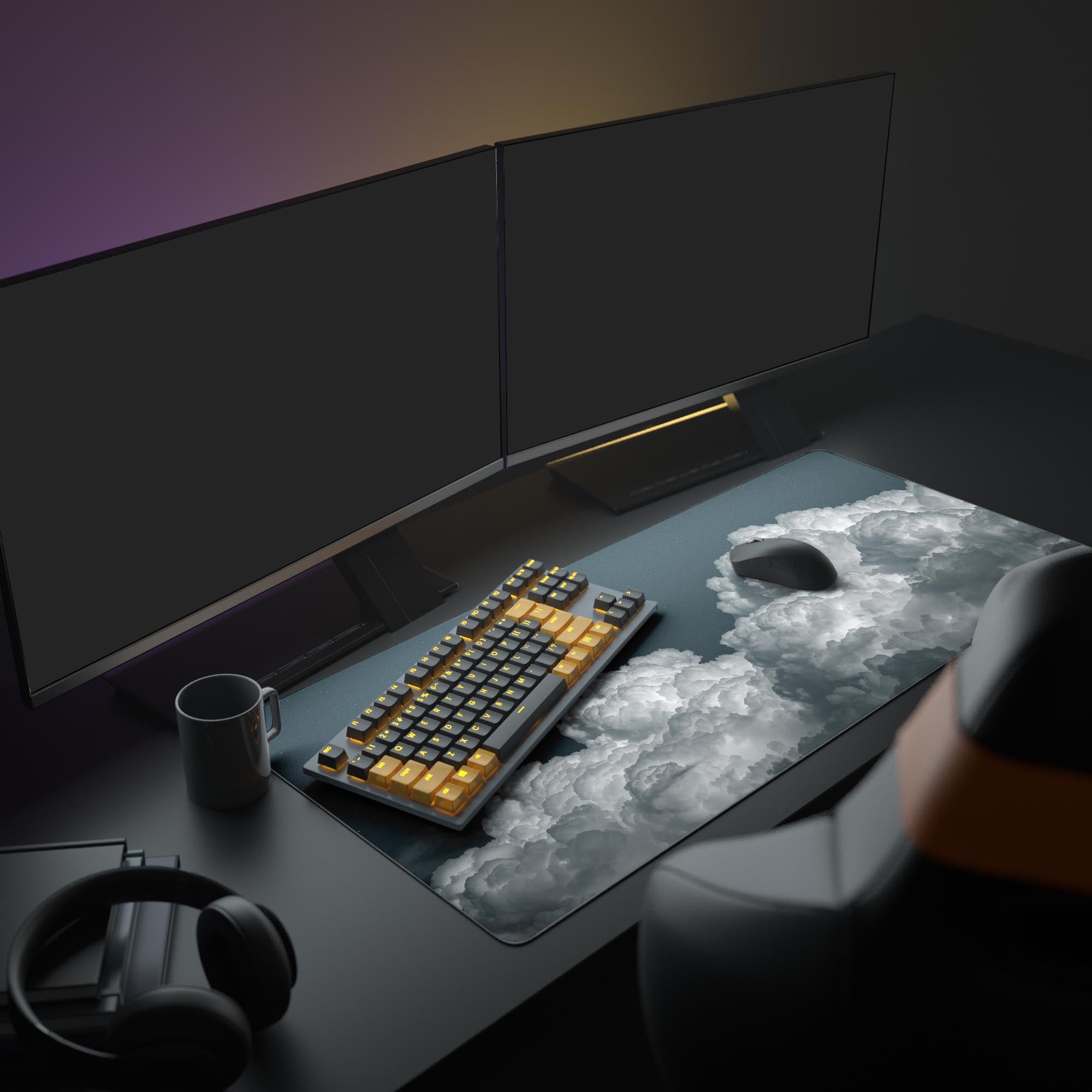 Large Night Bloom desk mat featuring a monochrome cloud design, part of a minimalist desk setup with dual monitors and headphones. - Epic Design Pads & Mousepads