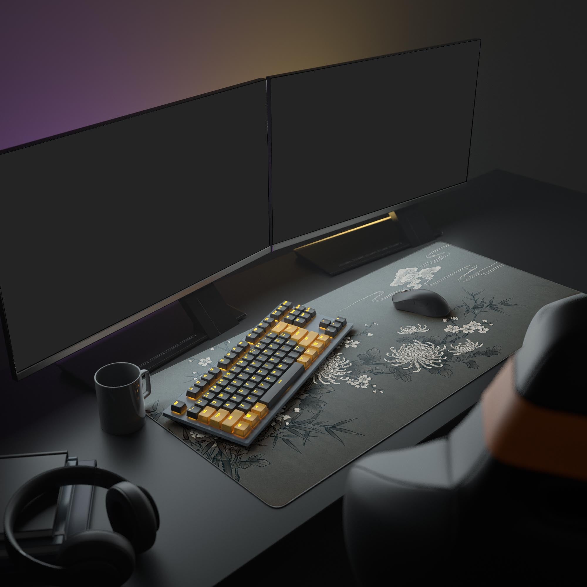 A minimalist PC setup featuring the Night Blossom XL mouse pad, which displays a Sumi-e style floral design. The setup includes a monitor, white keyboard, and mouse. - Epic Design Pads & Mousepads