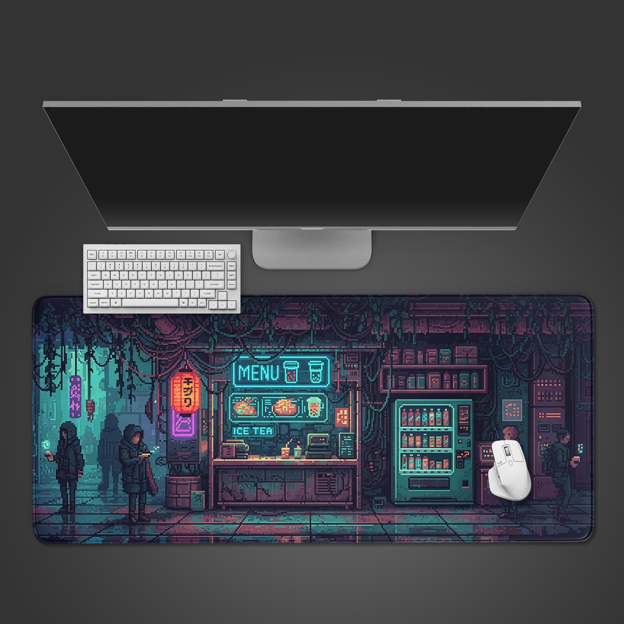 Night Market gaming desk mat with cyberpunk pixel art of a neon food stall. Shown from a top-down view with a black keyboard and mouse. - Epic Design Pads & Mousepads