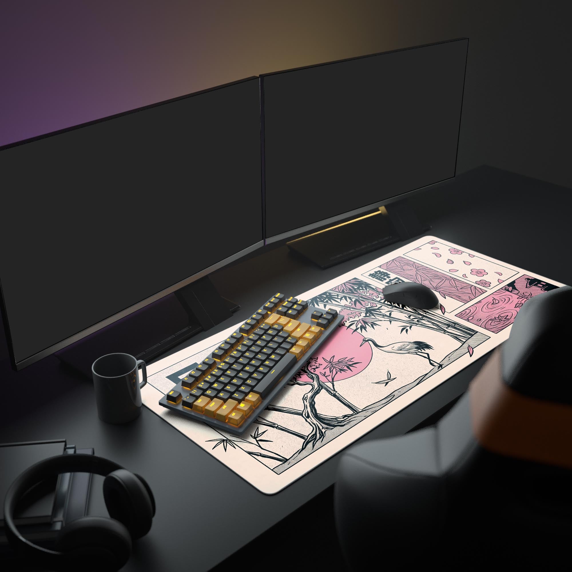 A complete PC gaming setup featuring the Night Panels Japanese art mouse pad, with multiple monitors, a gaming keyboard, and mouse, creating a calm aesthetic. - Epic Design Pads & Mousepads