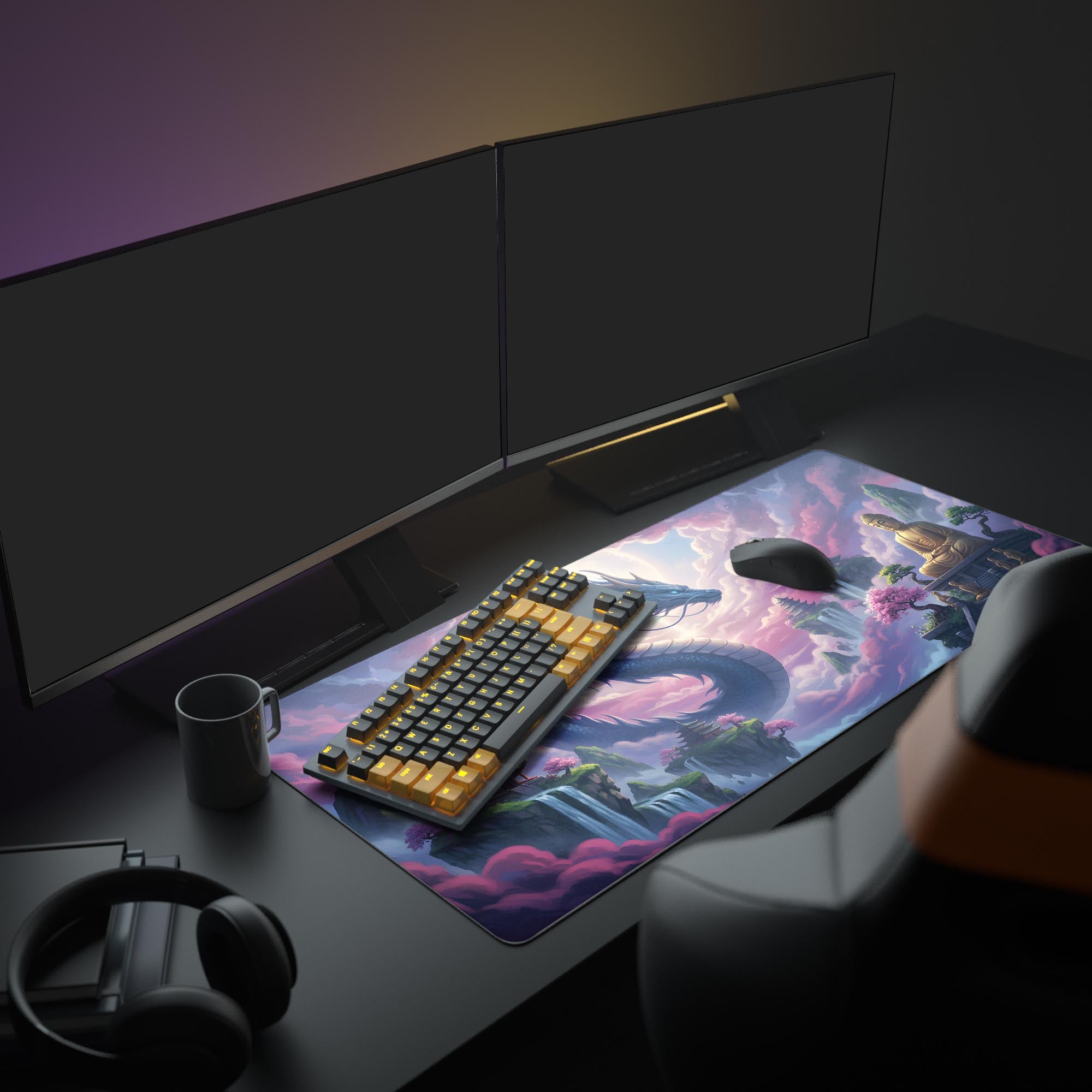 Large Nirvana's Sky desk mat with dragon design shown in a complete office setup with dual monitors, a mechanical keyboard, and headphones, creating an aesthetic workspace. - Epic Design Pads & Mousepads