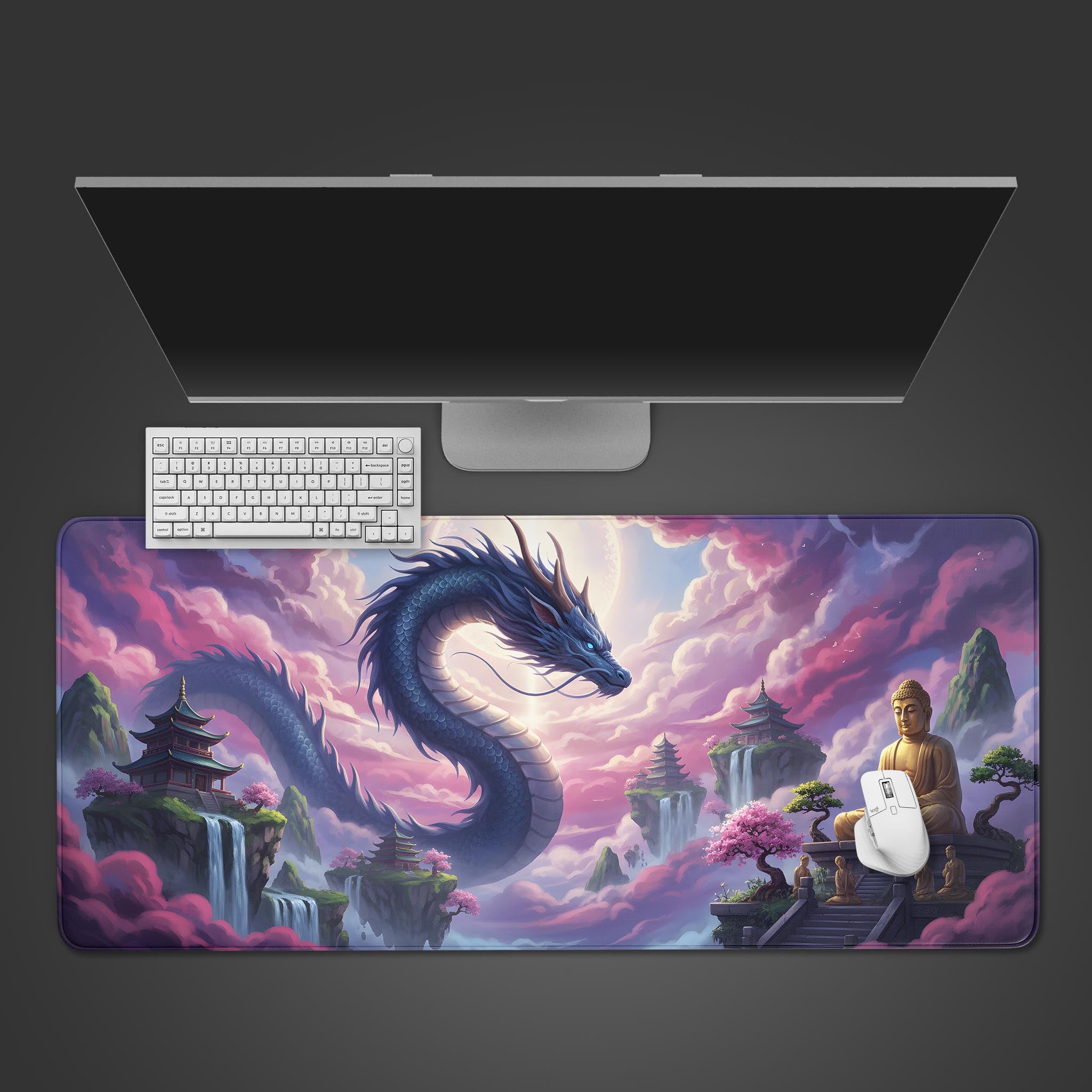 The Nirvana's Sky desk mat with a celestial blue dragon and Buddha. Top-down view on a desk with a white keyboard and mouse, showing the vibrant pink and purple clouds. - Epic Design Pads & Mousepads