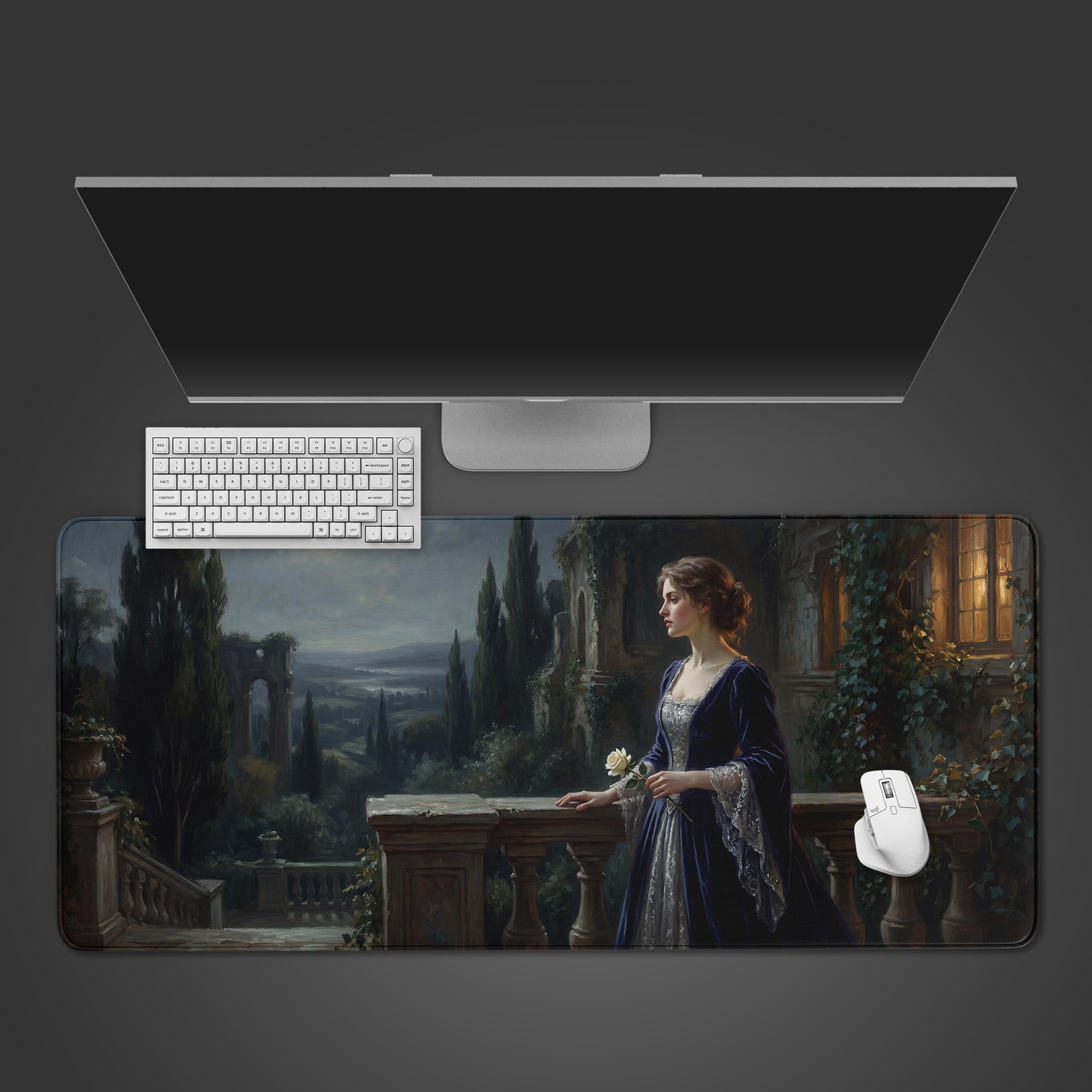 A gothic romance style desk mat featuring a noblewoman in a navy velvet dress holding a white rose on a balcony.
