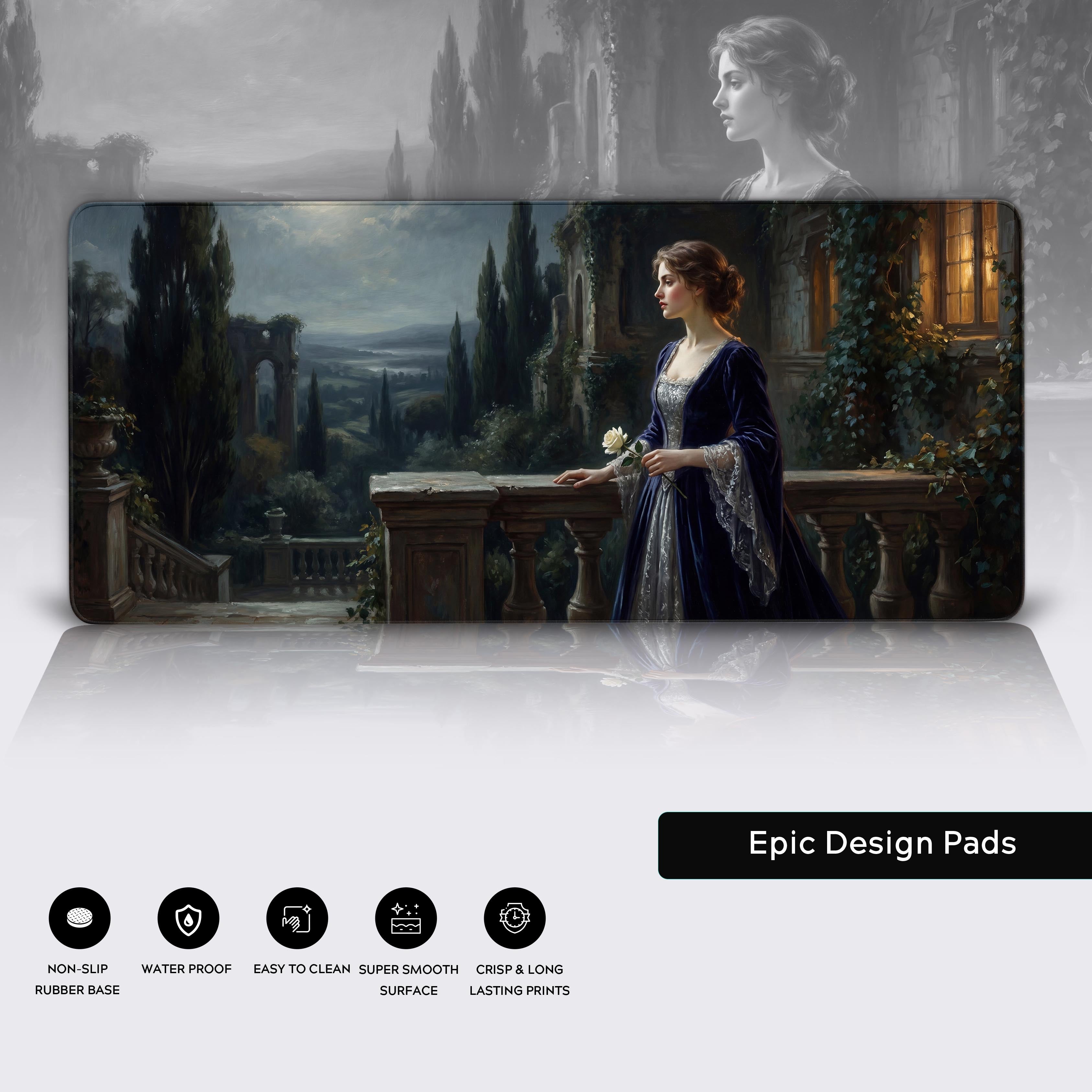 Non-slip rubber base of the gothic noblewoman desk mat with water-proof feature icons.