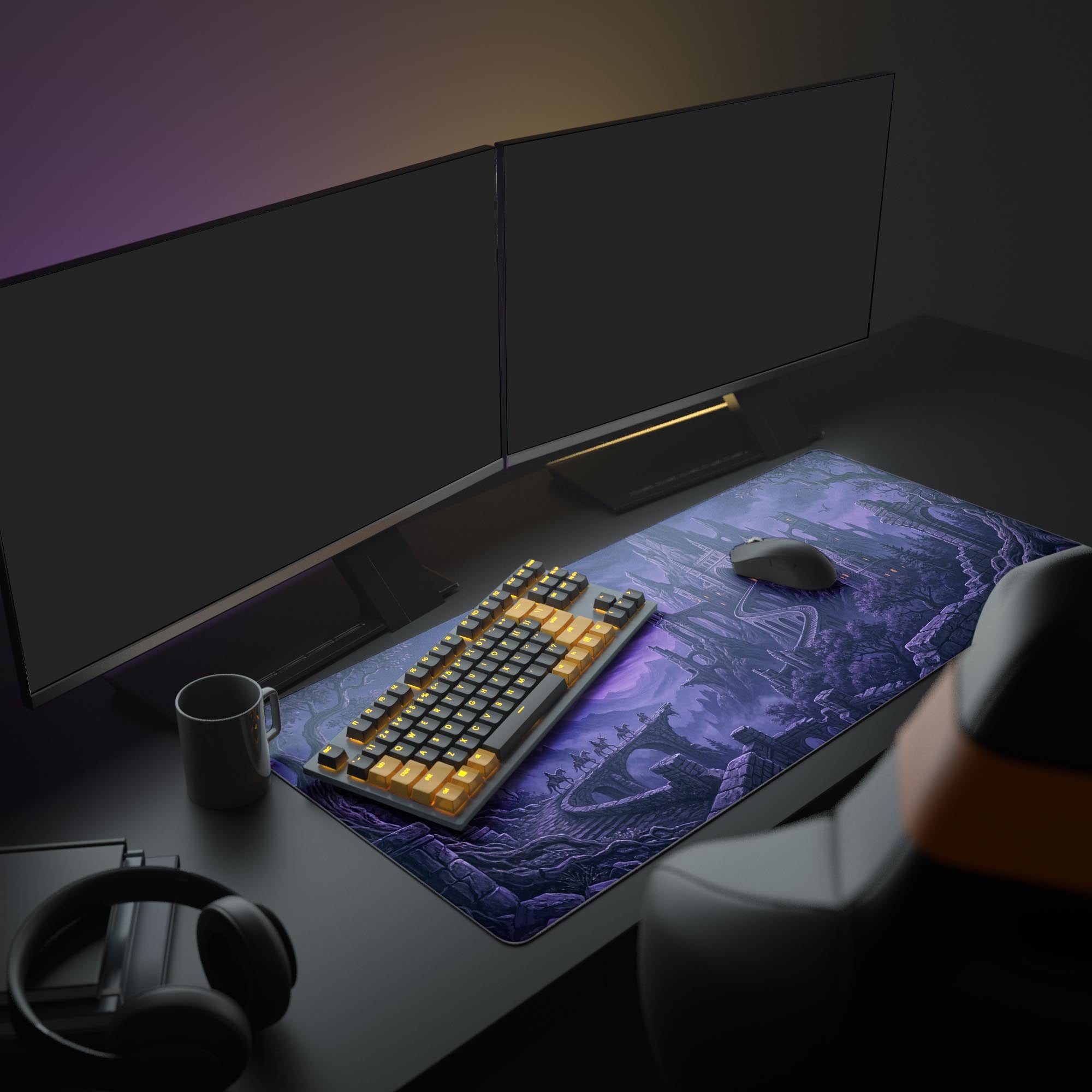 A full gaming setup featuring the Nocturnal Citadel mouse pad. The purple gothic castle design complements the glowing keyboard and monitors, creating an immersive fantasy theme. - Epic Design Pads & Mousepads
