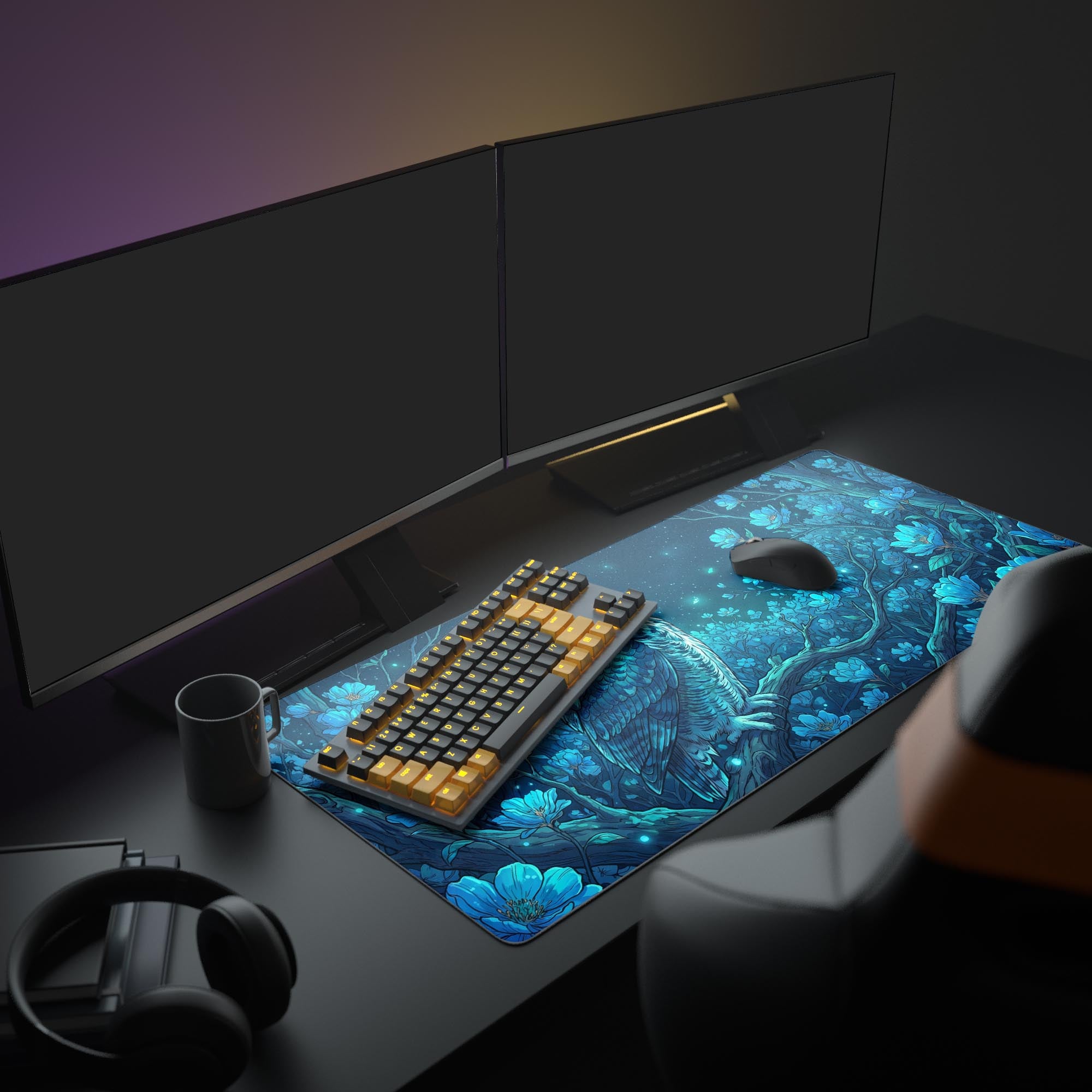 A full PC setup showcasing the Nocturnal Wisdom gaming desk mat with its mystical blue owl design, complemented by a glowing keyboard and monitors. - Epic Design Pads & Mousepads