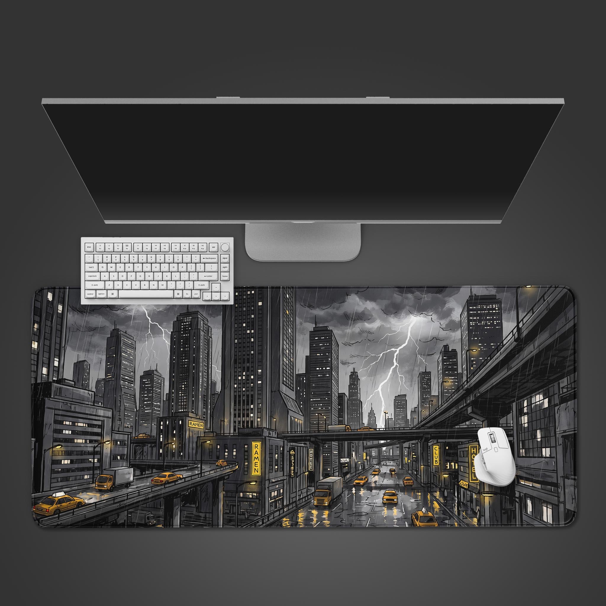 Gritty noir cityscape desk mat featuring skyscrapers and lightning