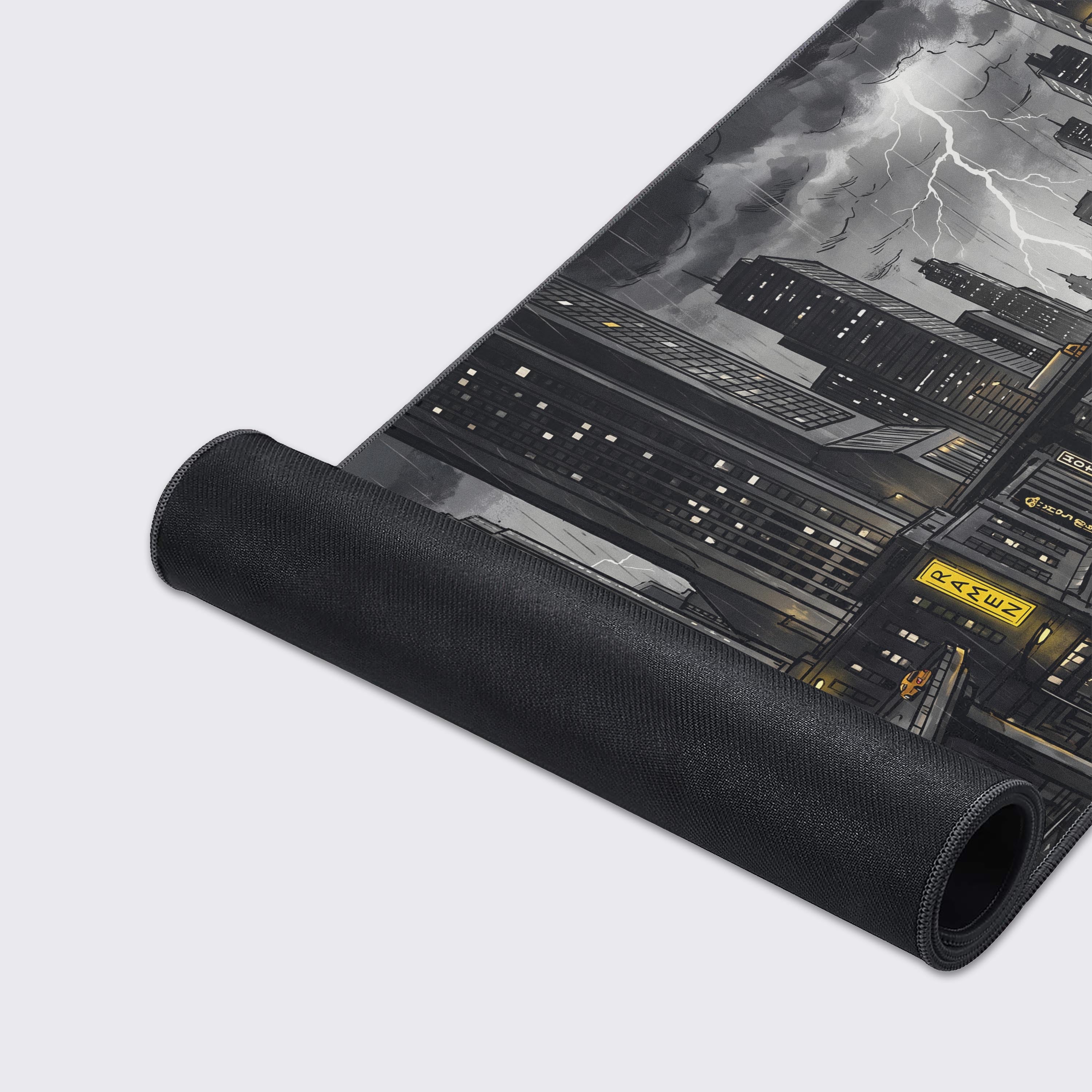 Large gaming mouse pad with grayscale and yellow accent metropolis art