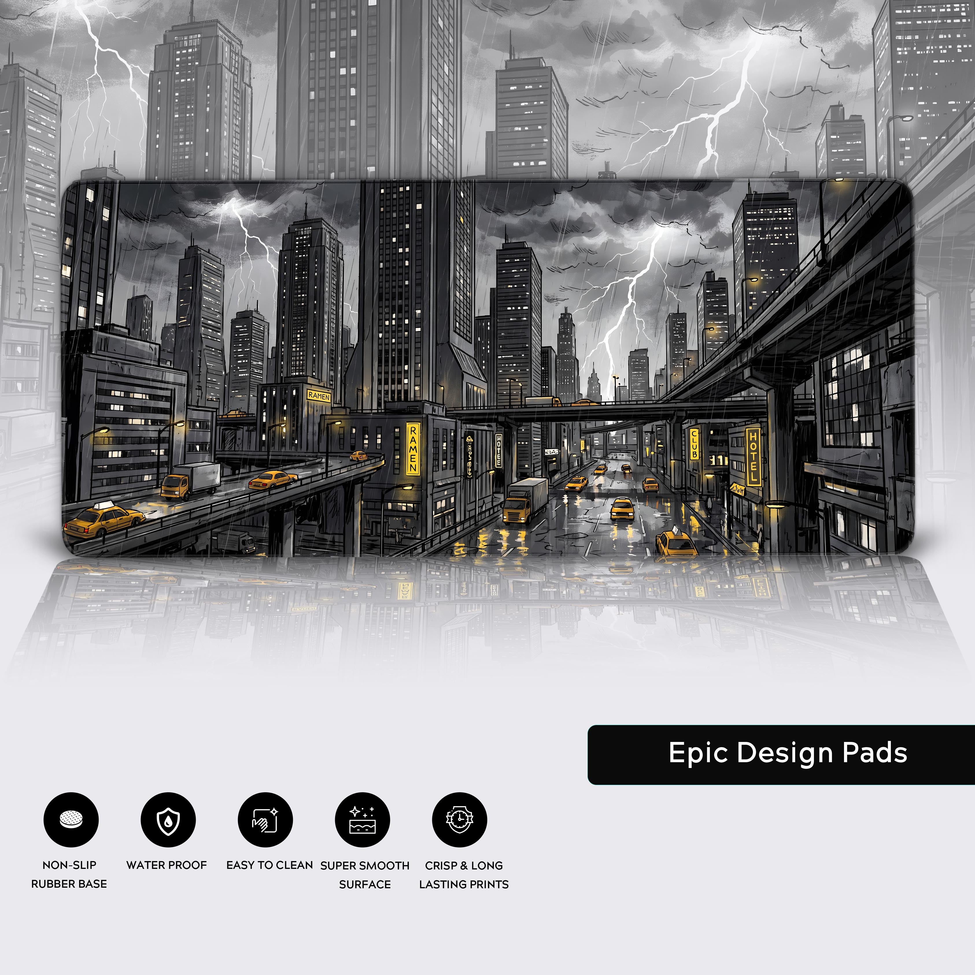 Desk mat waterproof and non-slip rubber base icons display below noir city art