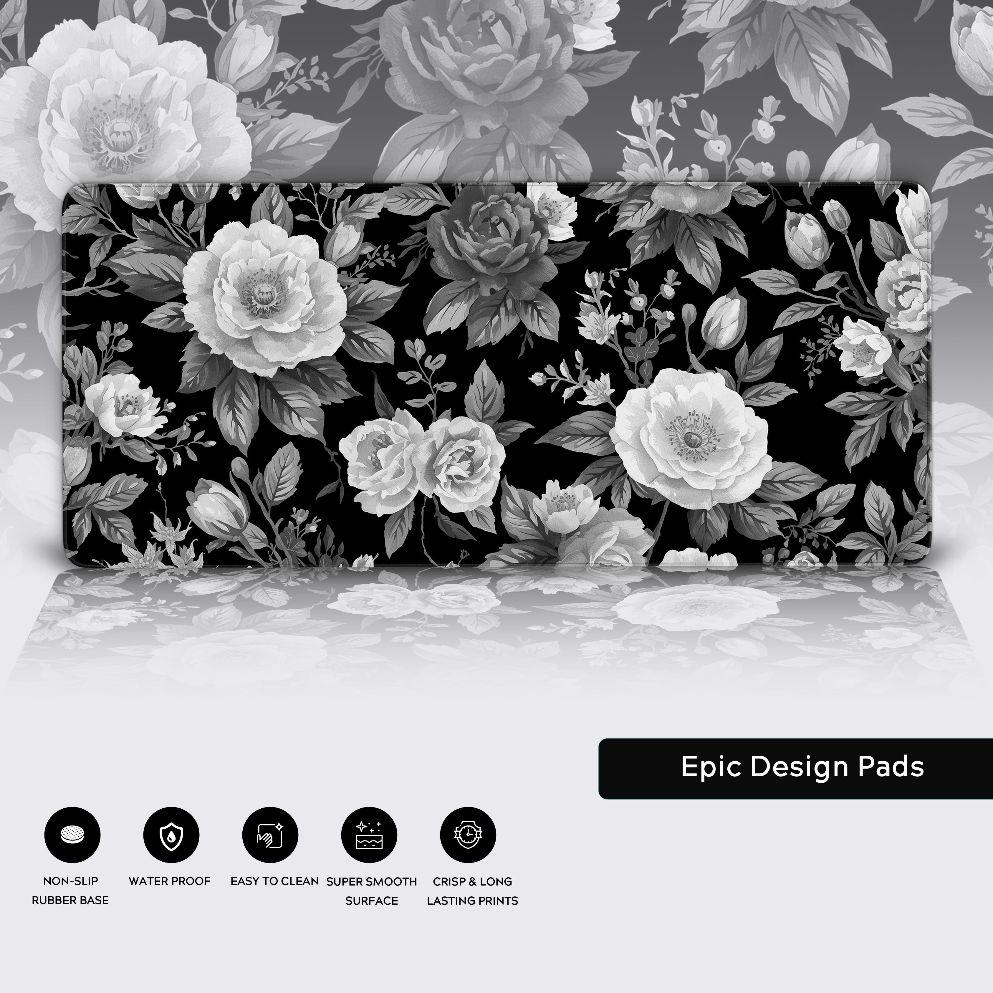 Close-up of the Noir Garden desk mat highlighting the detailed floral artwork, premium stitched edges, and non-slip rubber base. - Epic Design Pads
