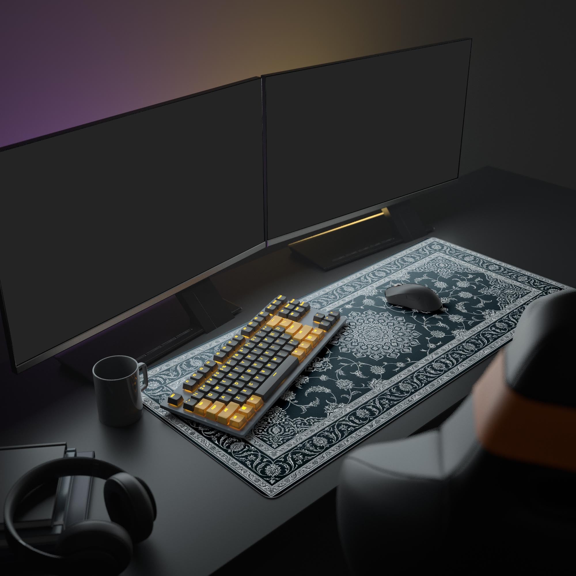A sophisticated Dark Academia PC setup featuring the Noir Tapestry XL mouse pad, a large monitor, and minimalist white peripherals for a clean look. - Epic Design Pads & Mousepads