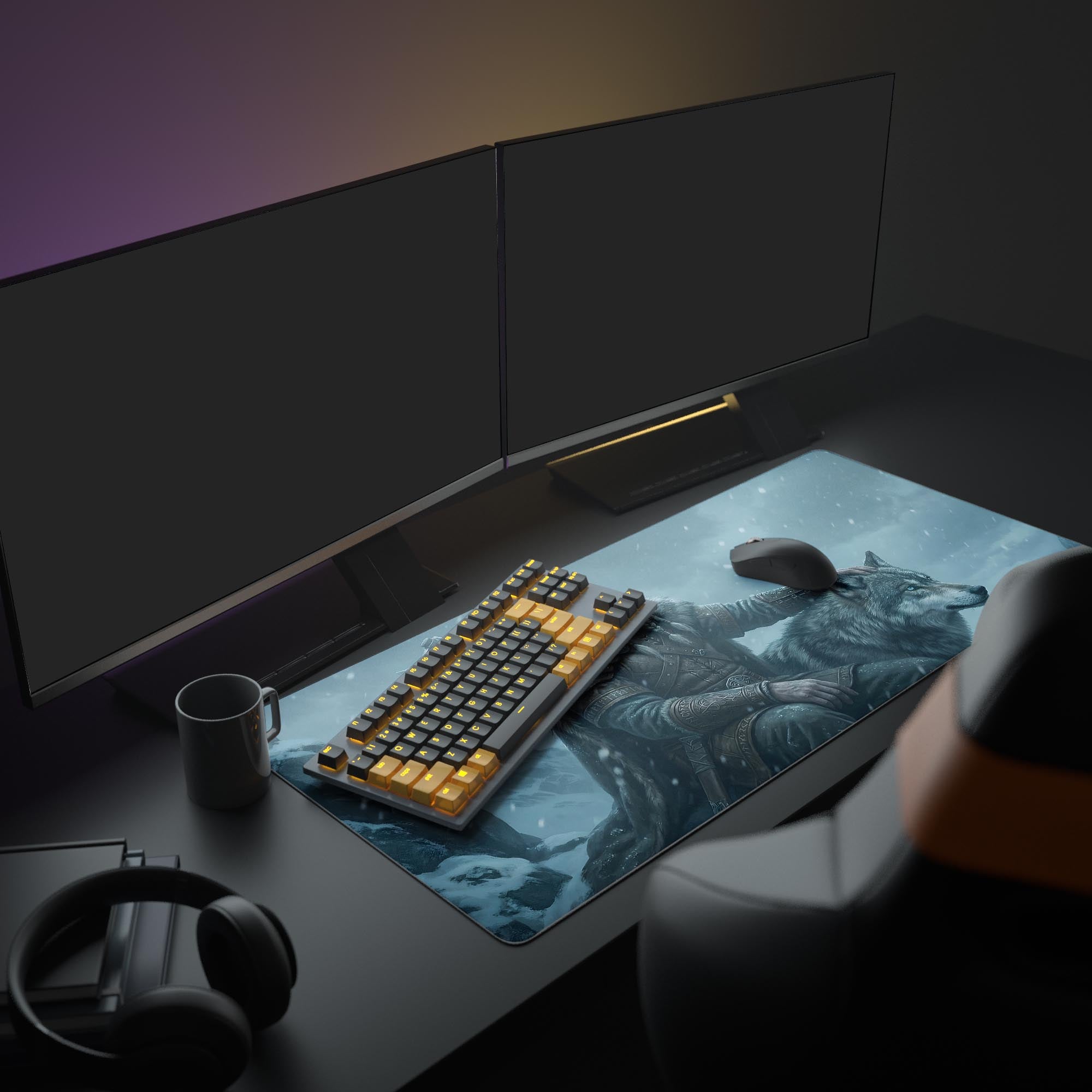 Large Norse gaming mouse pad with Viking and wolf design – shown in a complete gaming setup with dual monitors, keyboard, and headphones. - Epic Design Pads & Mousepads
