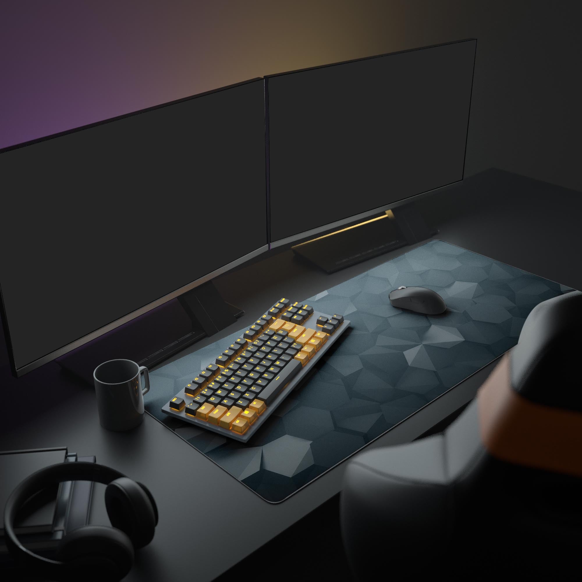 Large Obsidian Facets geometric desk mat in a minimalist gaming setup with dual monitors, mechanical keyboard, and headphones. - Epic Design Pads