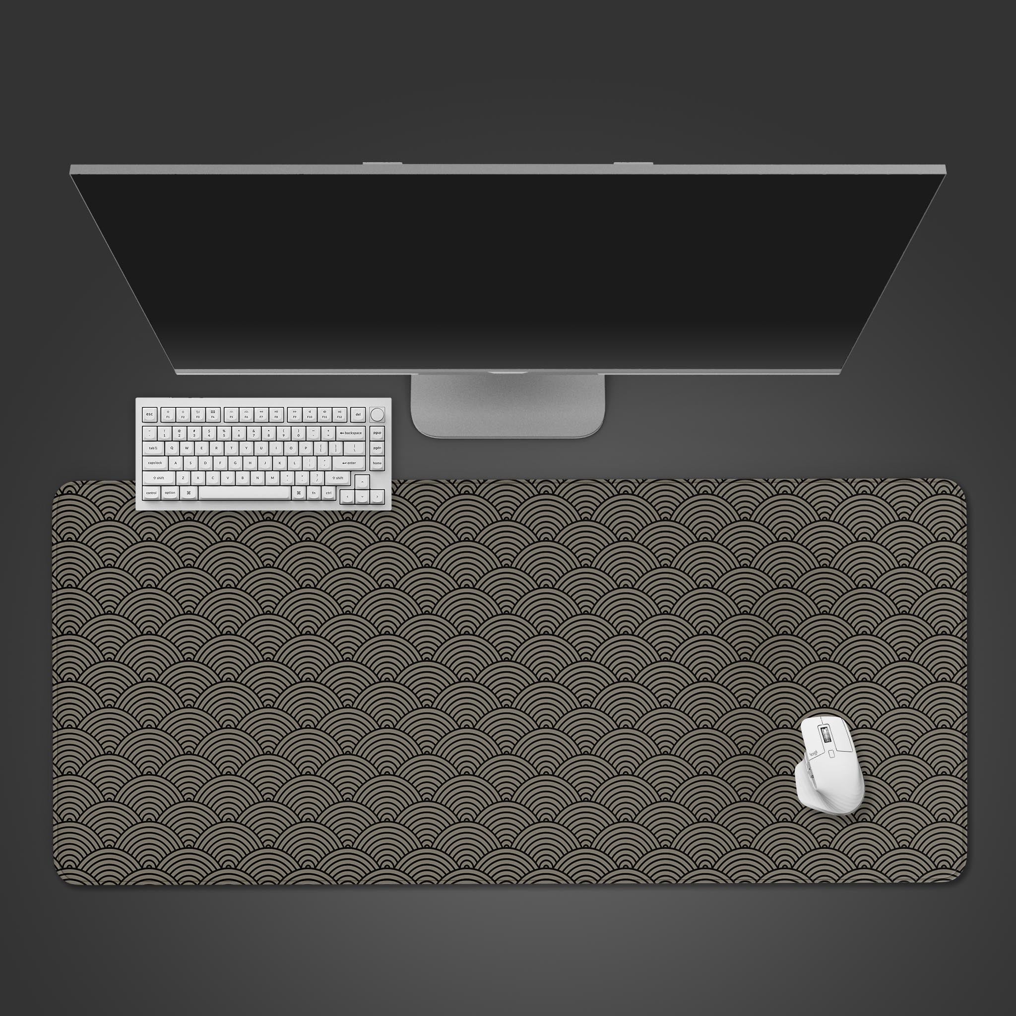 Japanese ocean waves desk mat with blue Seigaiha pattern. Top-down view showing a clean desktop setup with a white keyboard and mouse. - Epic Design Pads