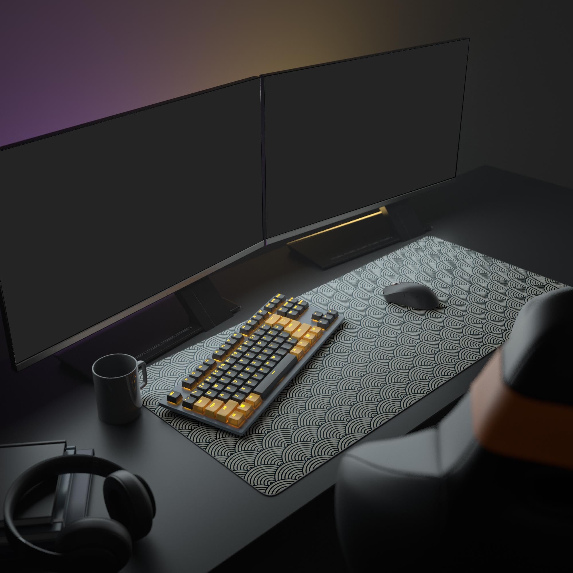 Large Japanese ocean waves desk mat in a minimalist office setup, featuring dual monitors, a mechanical keyboard, headphones, and a plant. - Epic Design Pads