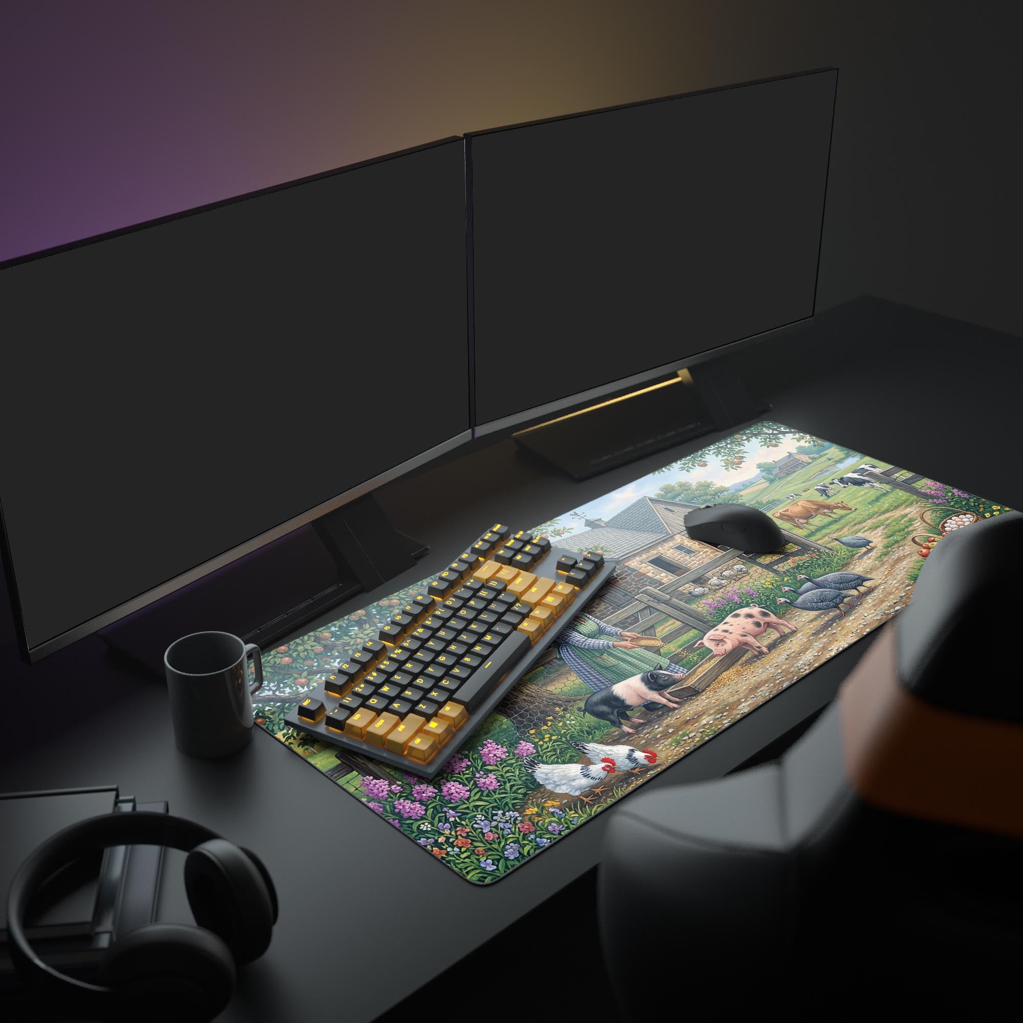 A cozy computer setup featuring the Old World Homestead mouse pad, which displays a vintage farm landscape under a monitor. - Epic Design Pads & Mousepads