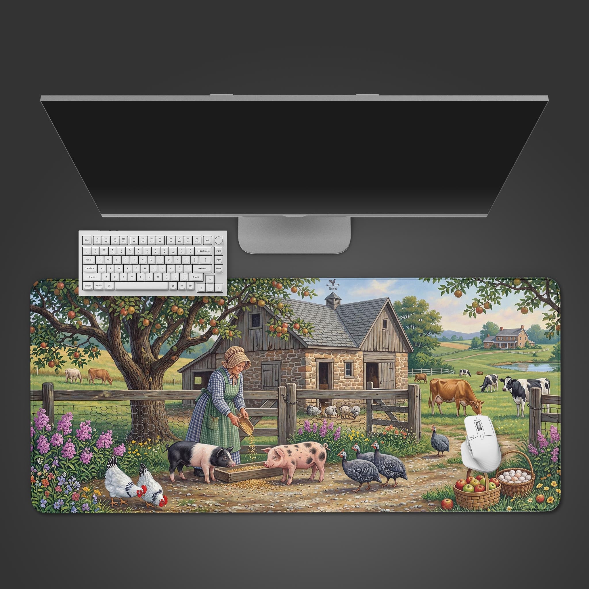A top-down view of the Old World Homestead gaming desk mat, showcasing the pastoral farm scene with a white keyboard and mouse. - Epic Design Pads & Mousepads