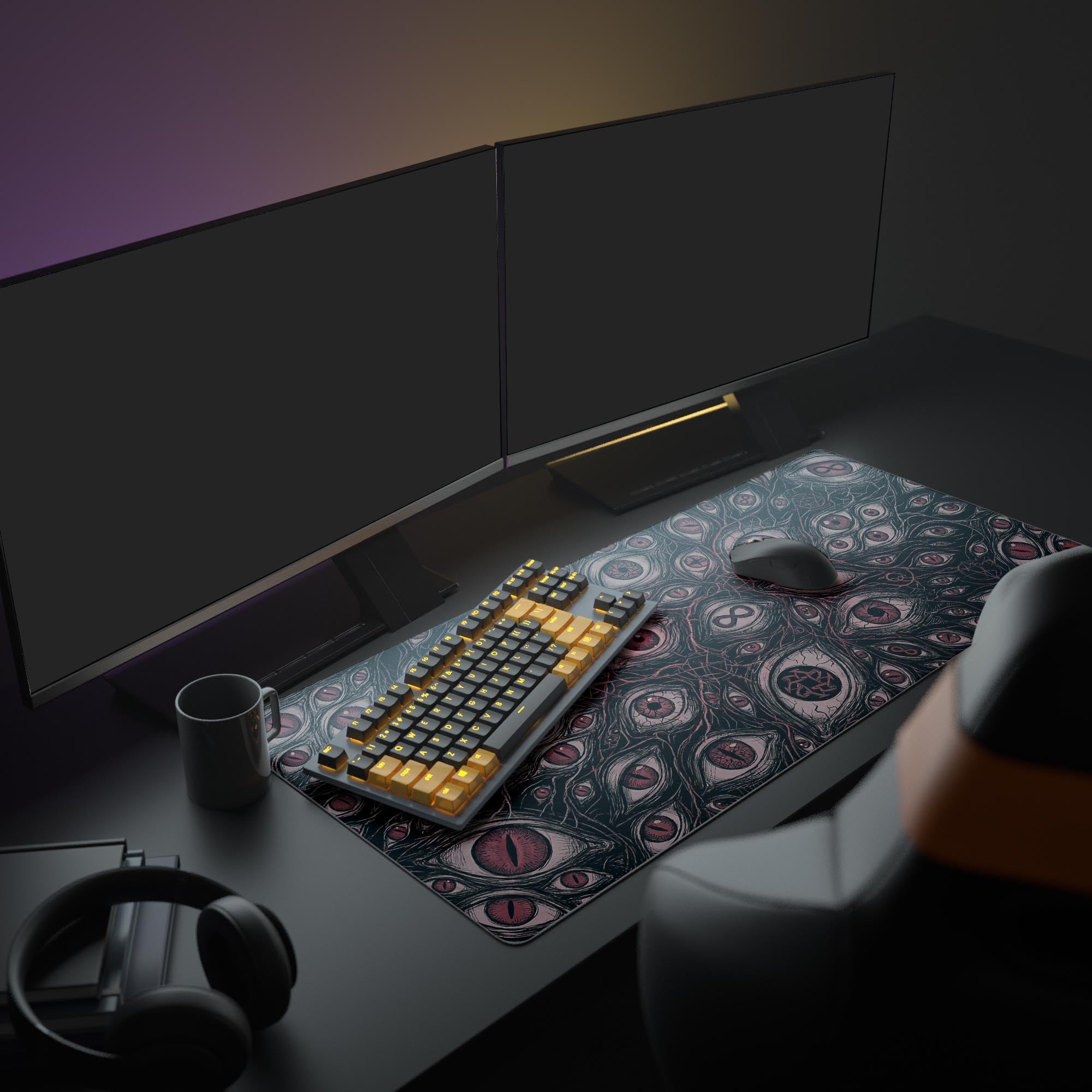 A full gaming PC setup showcasing the Omniscient Abyss XL mouse pad, its dark fantasy eye design providing a dramatic backdrop for a glowing keyboard and multiple monitors. - Epic Design Pads & Mousepads