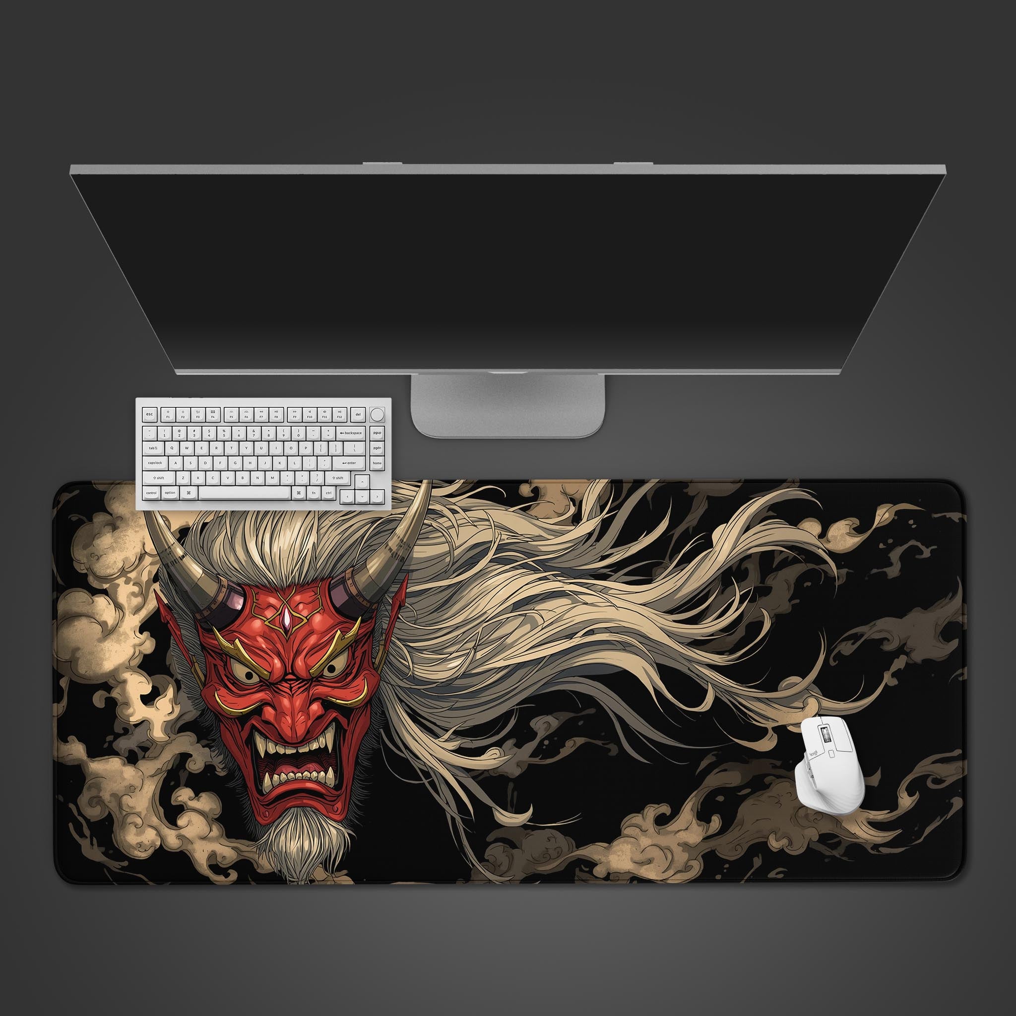 Japanese Oni desk mat with red demon mask design – top view featuring keyboard and mouse. - Epic Design Pads