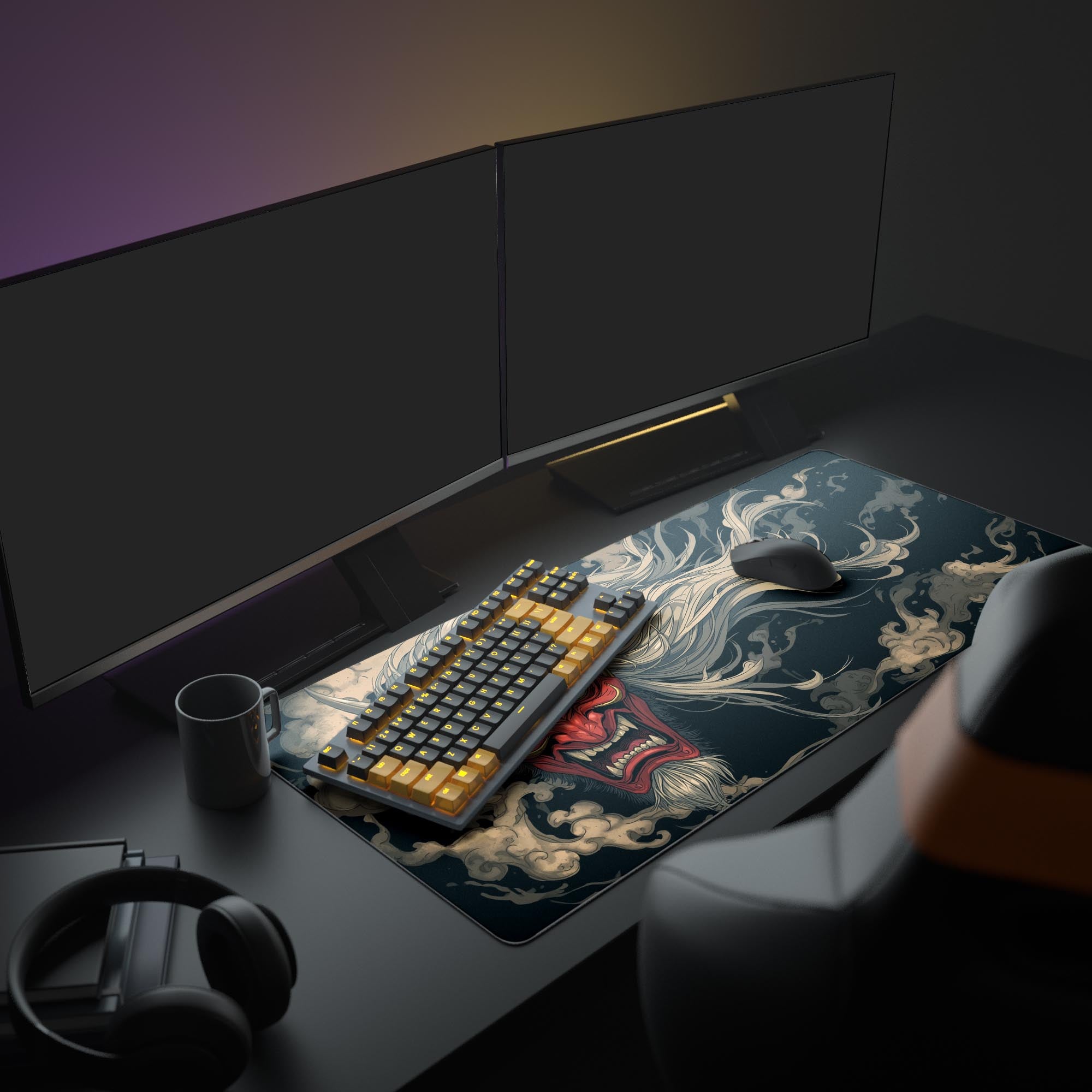 Large Japanese Oni desk mat with red demon mask – setup view with dual monitors, keyboard, and headphones. - Epic Design Pads