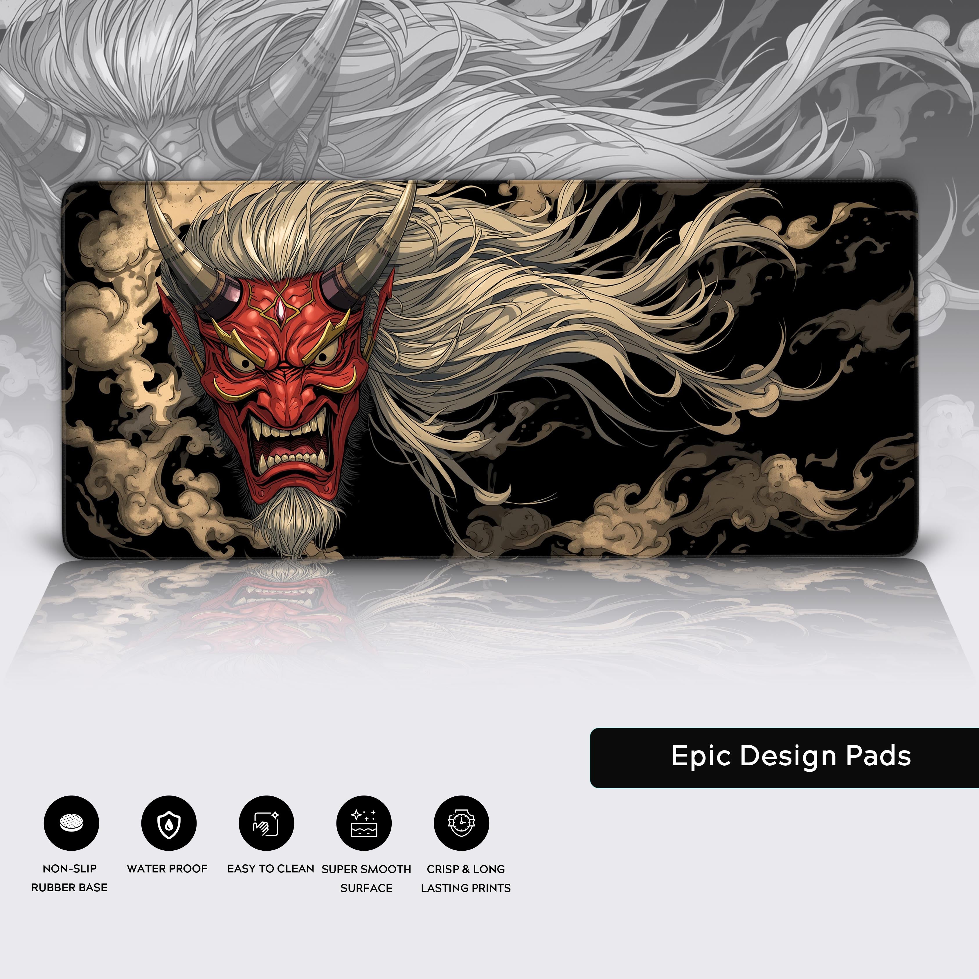 Japanese Oni desk mat with red demon mask design – durable mouse pad with stitched edges and non-slip base. - Epic Design Pads