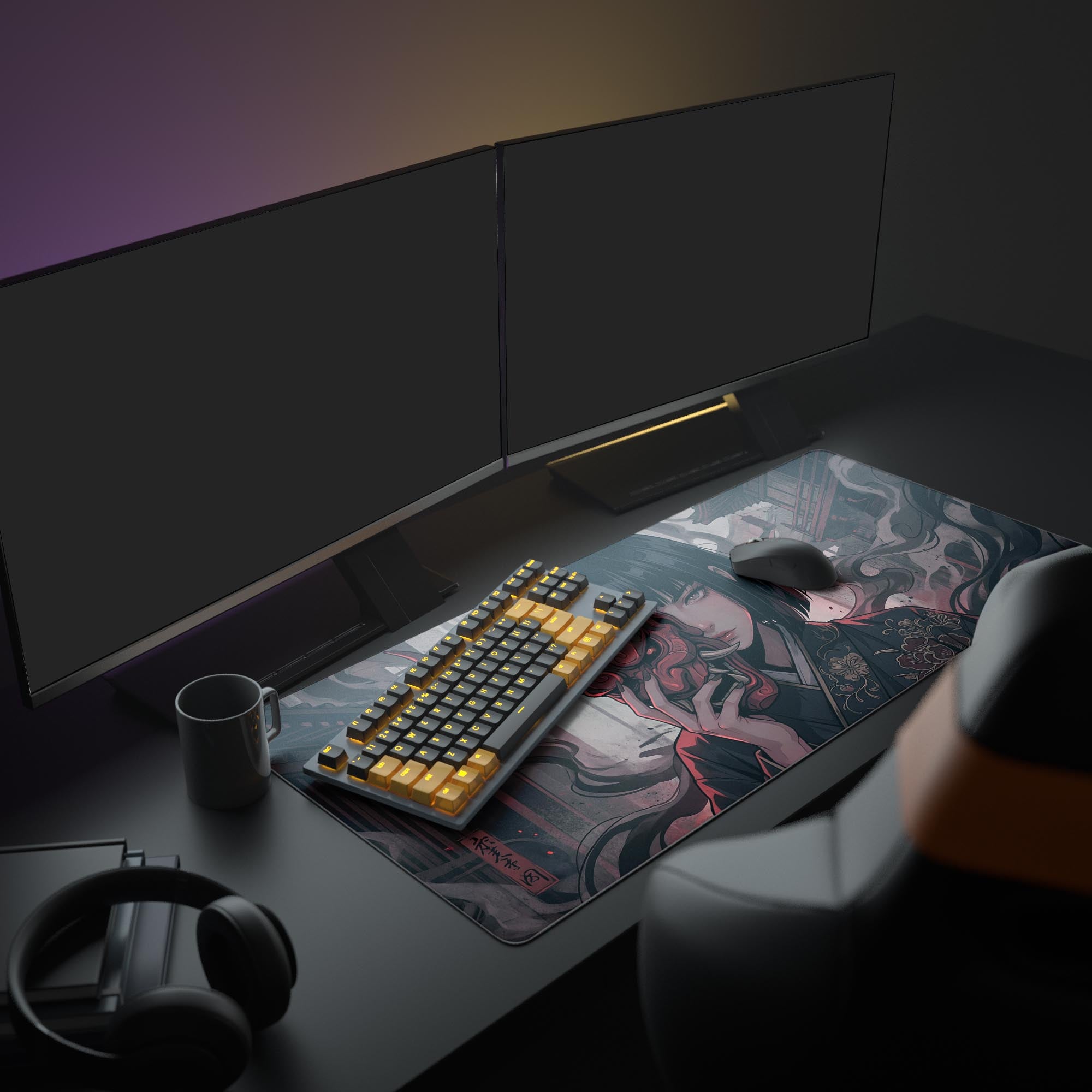 The Oni's Shadow XL mouse pad completes a dark gaming setup, placed under a large monitor, mechanical keyboard, and gaming mouse. - Epic Design Pads & Mousepads