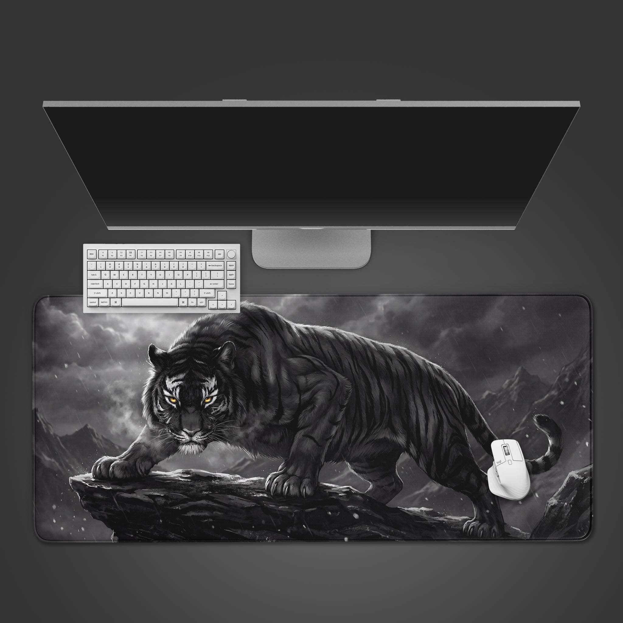 Top-down view of the Onyx Predator gaming desk mat featuring a monochrome tiger, shown with a white keyboard and mouse on a dark surface. - Epic Design Pads & Mousepads