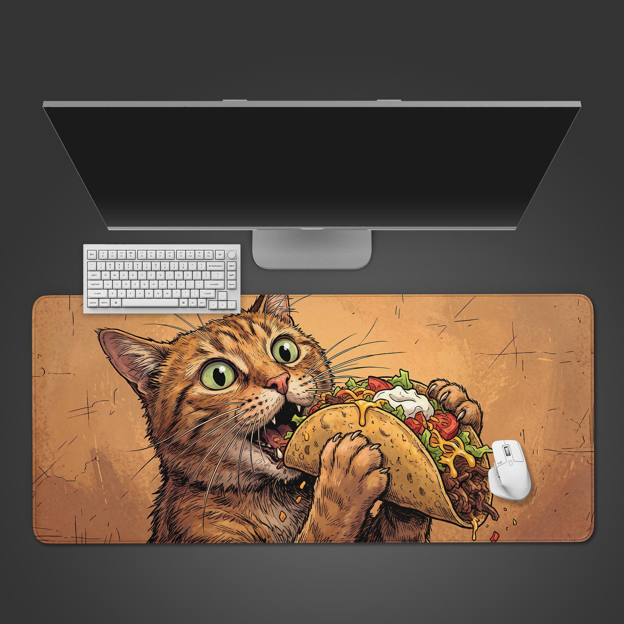 Large desk mat featuring a funny illustration of an orange tabby cat eating a taco