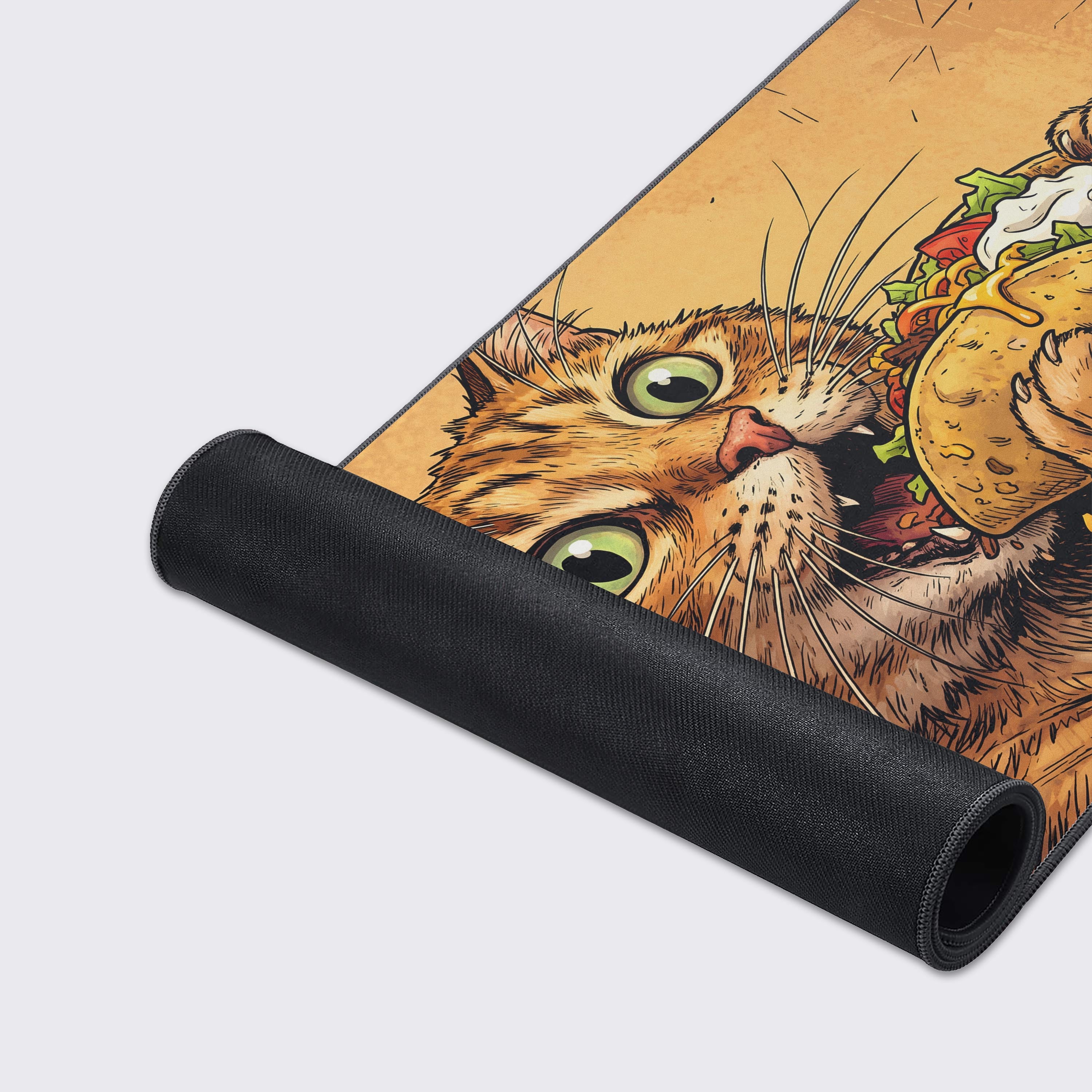 Product feature icons highlighting the non-slip, waterproof, and easy-to-clean qualities of the cat desk mat