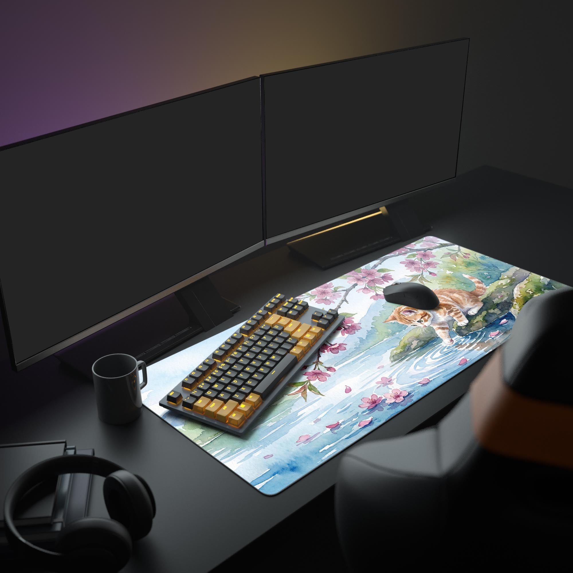 Close-up of the Sakura Kitten mouse pad showing vibrant pink floral and soft blue watercolor details