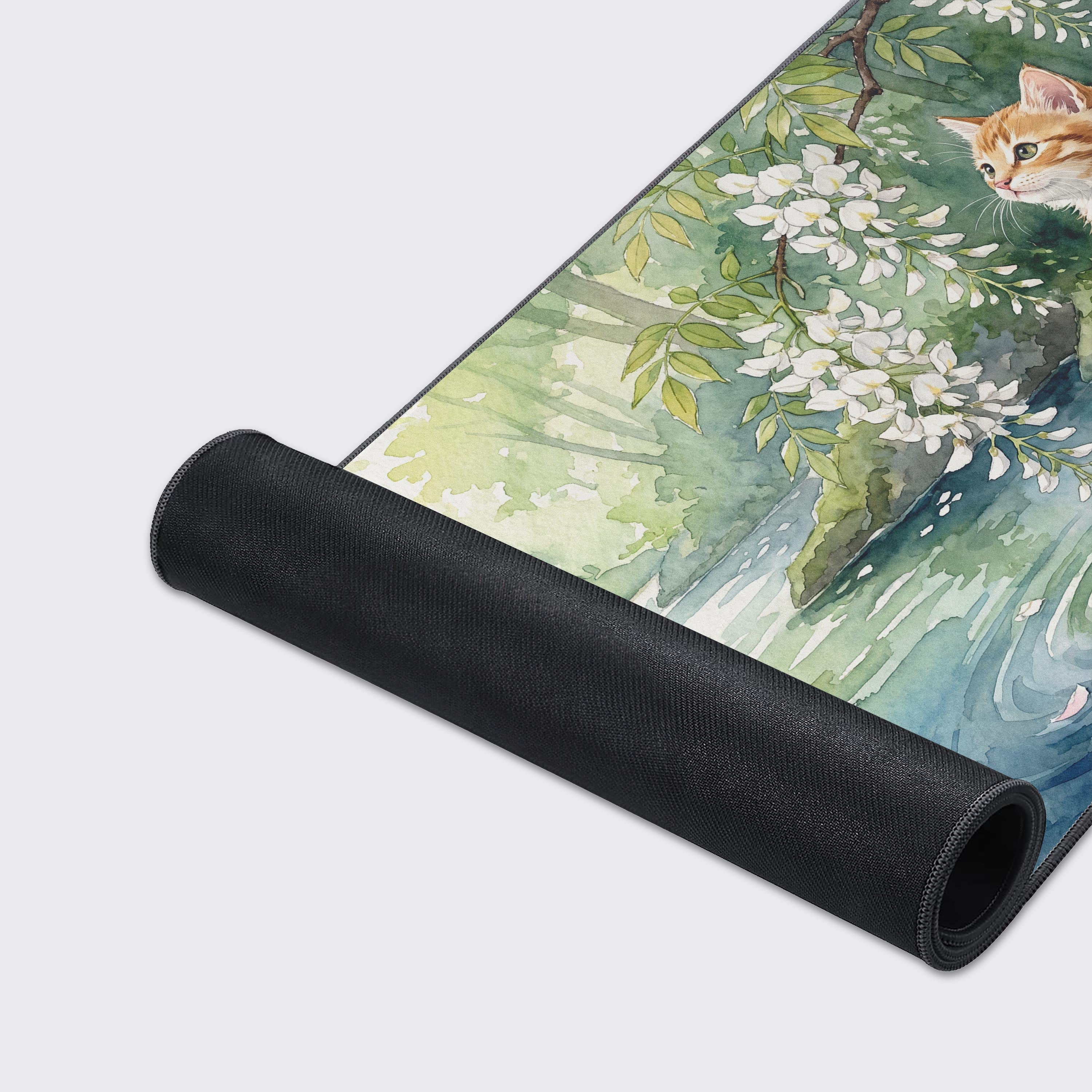 Wisteria Cat gaming mouse pad showing non-slip rubber base, waterproof, and smooth surface features