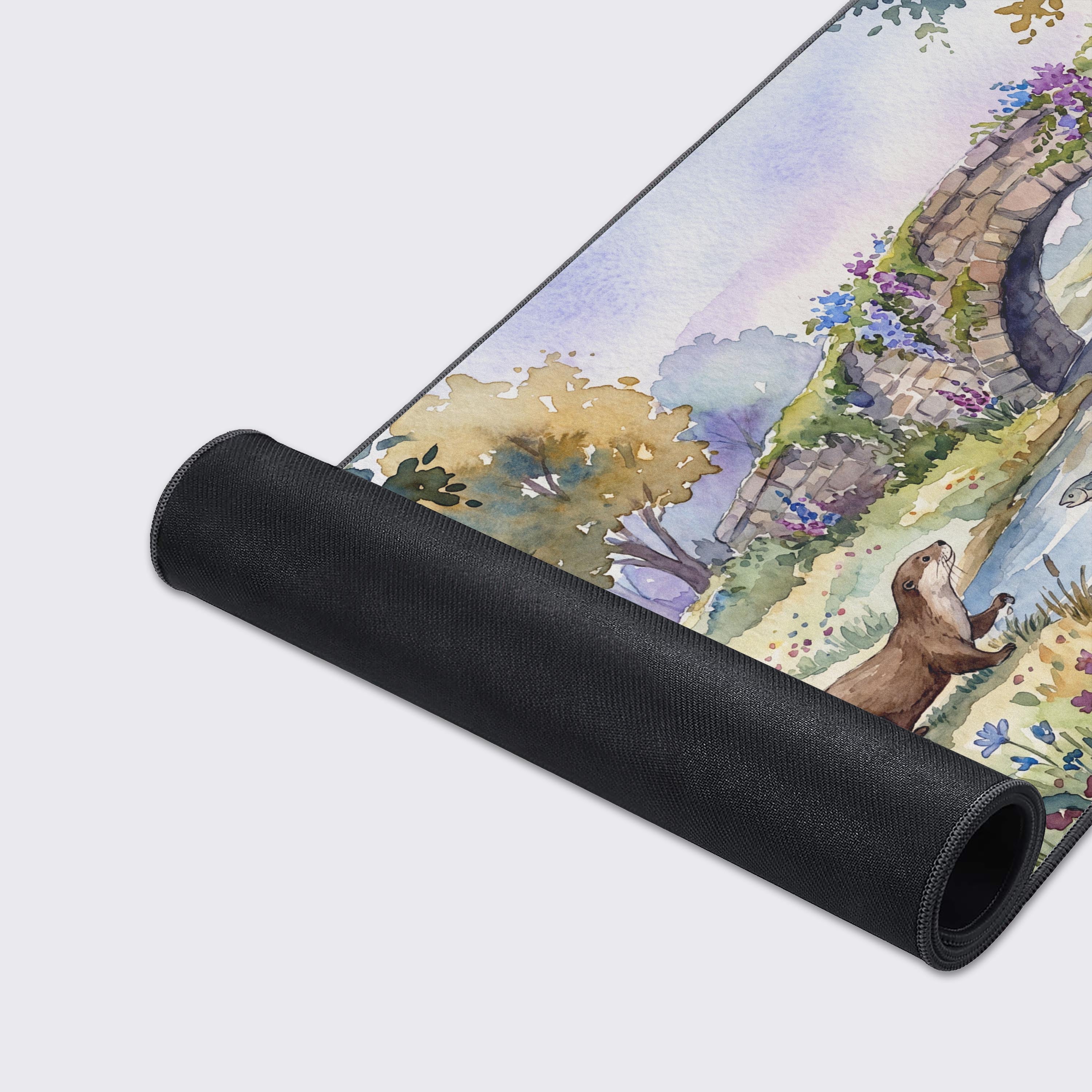 Product features of the premium desk mat including non-slip rubber base, water-proof surface, and crisp, long-lasting prints.
