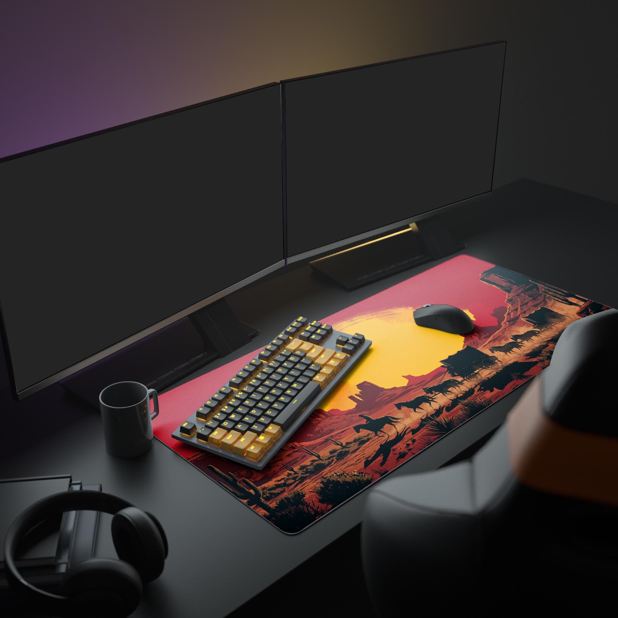 The Outlaw's Path gaming desk mat adds a rugged western aesthetic to a full PC setup, featuring multiple monitors and glowing peripherals. - Epic Design Pads & Mousepads
