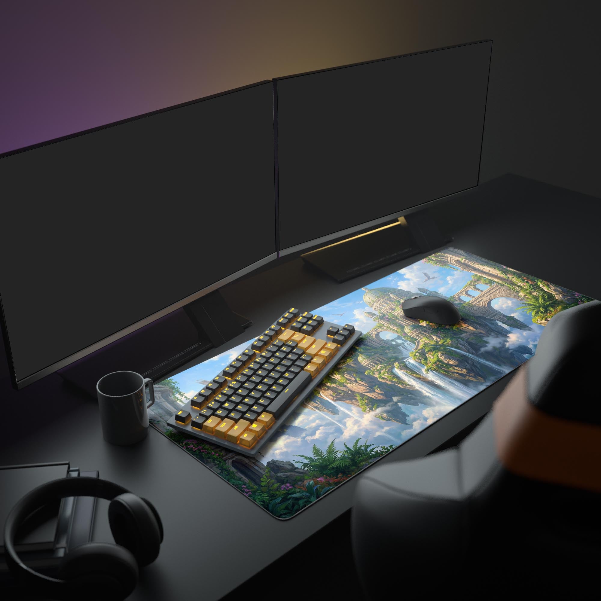 A full PC setup featuring the Overgrown Aether Ruins gaming desk mat, enhancing the aesthetic of a glowing keyboard, mouse, and large monitor. - Epic Design Pads & Mousepads