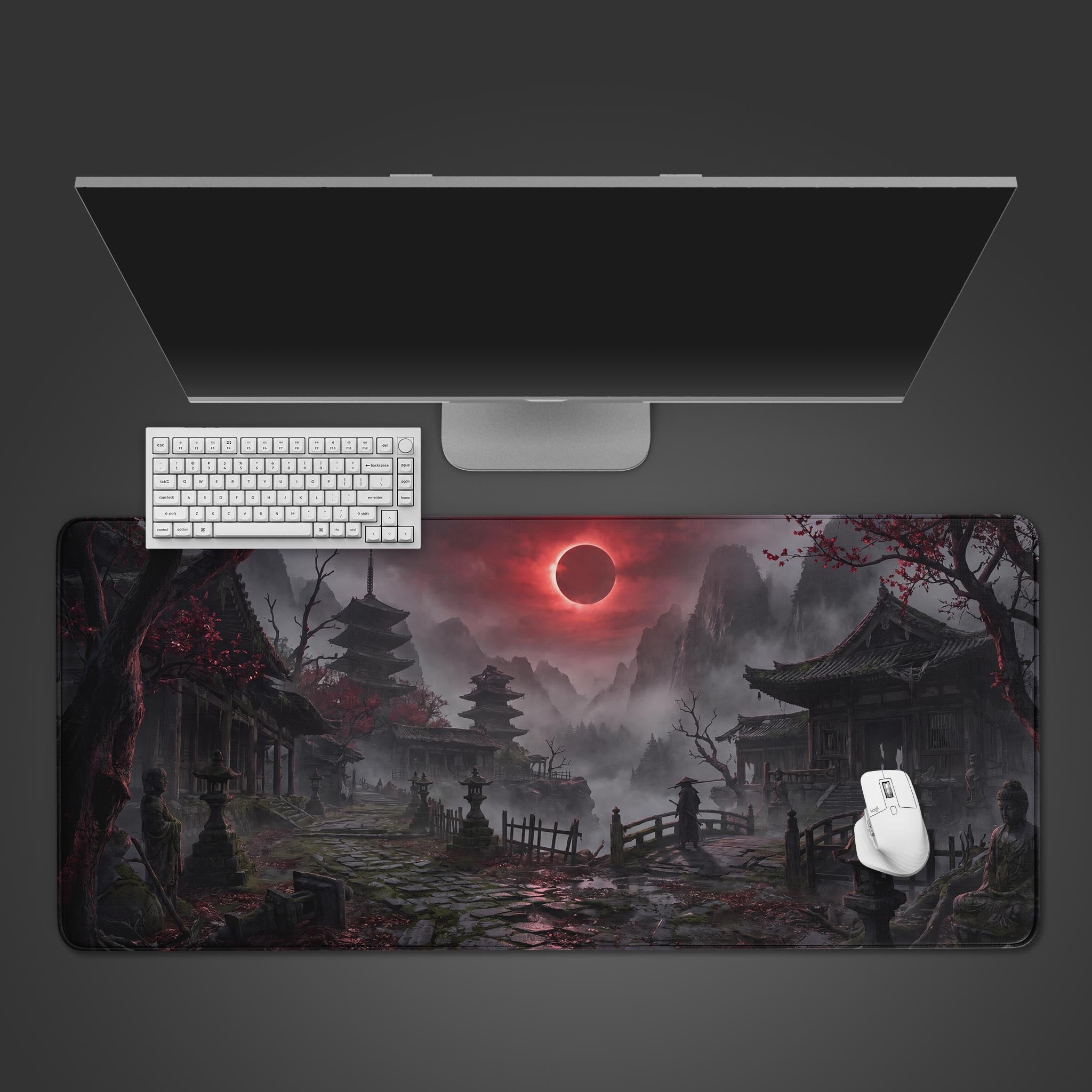 Crimson Eclipse Pagoda dark fantasy desk mat featuring a blood moon over an ancient misty village