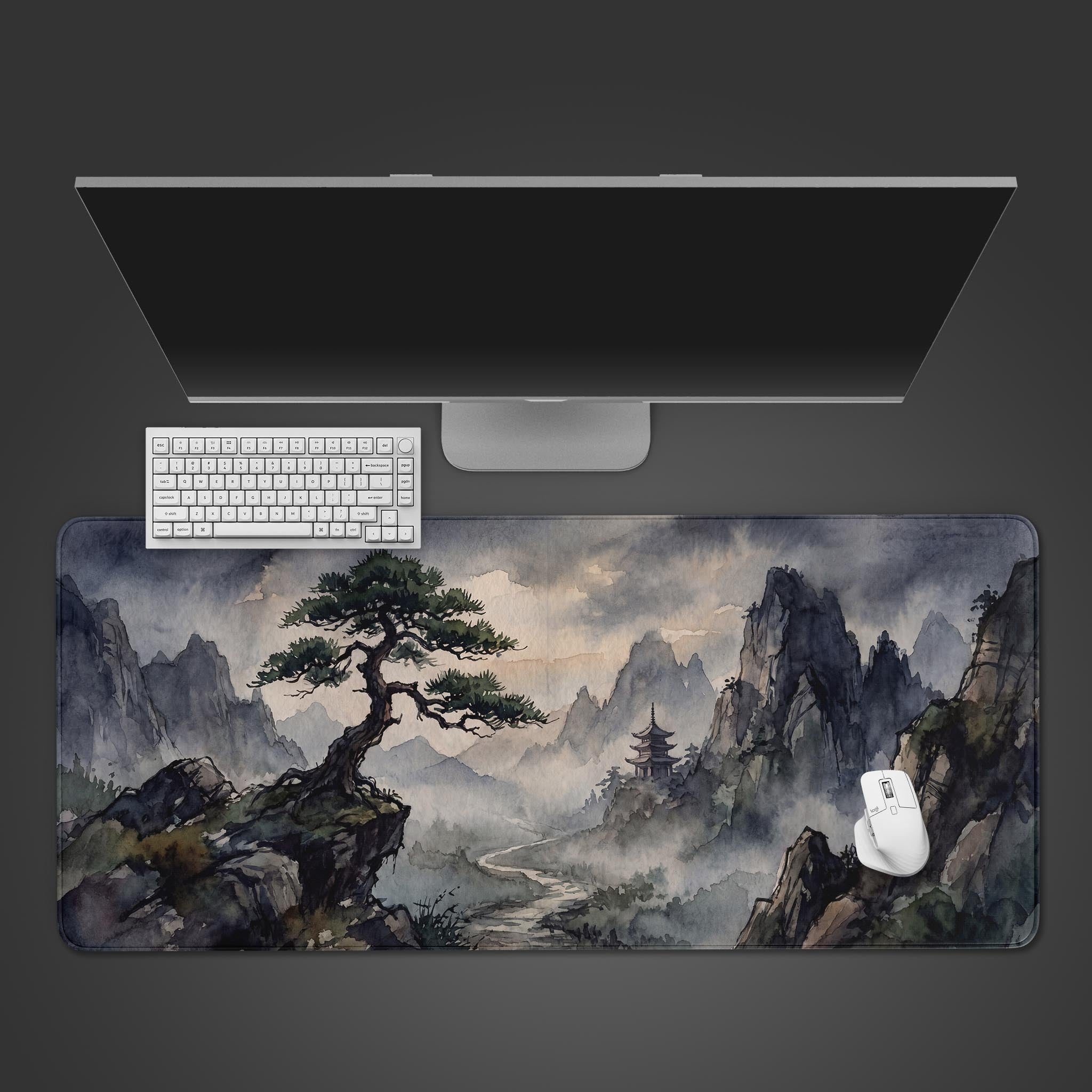 Ink Wash Pagoda desk mat featuring traditional misty mountain landscape with pine tree