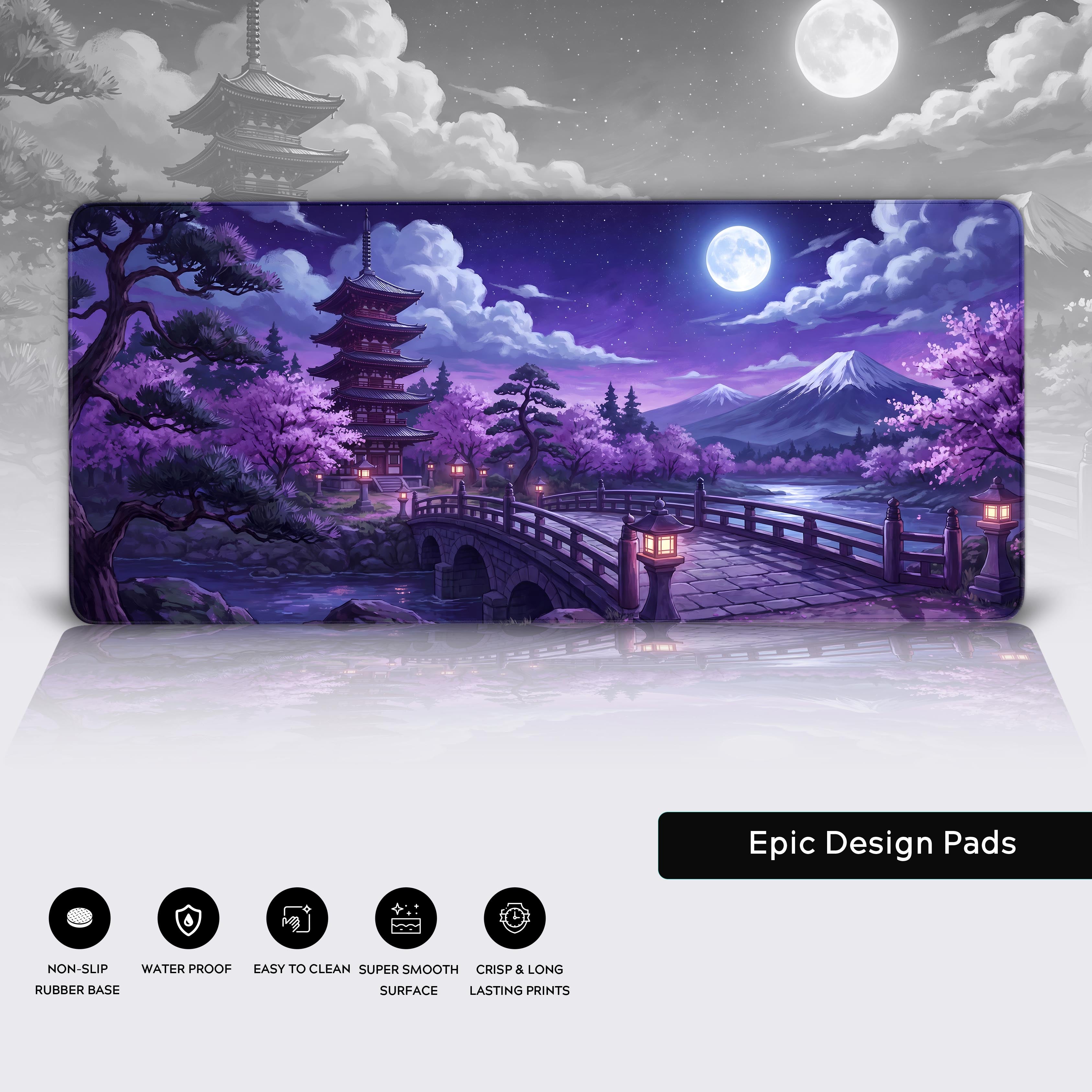 Vibrant purple gaming mouse pad with traditional Japanese bridge and glowing lanterns