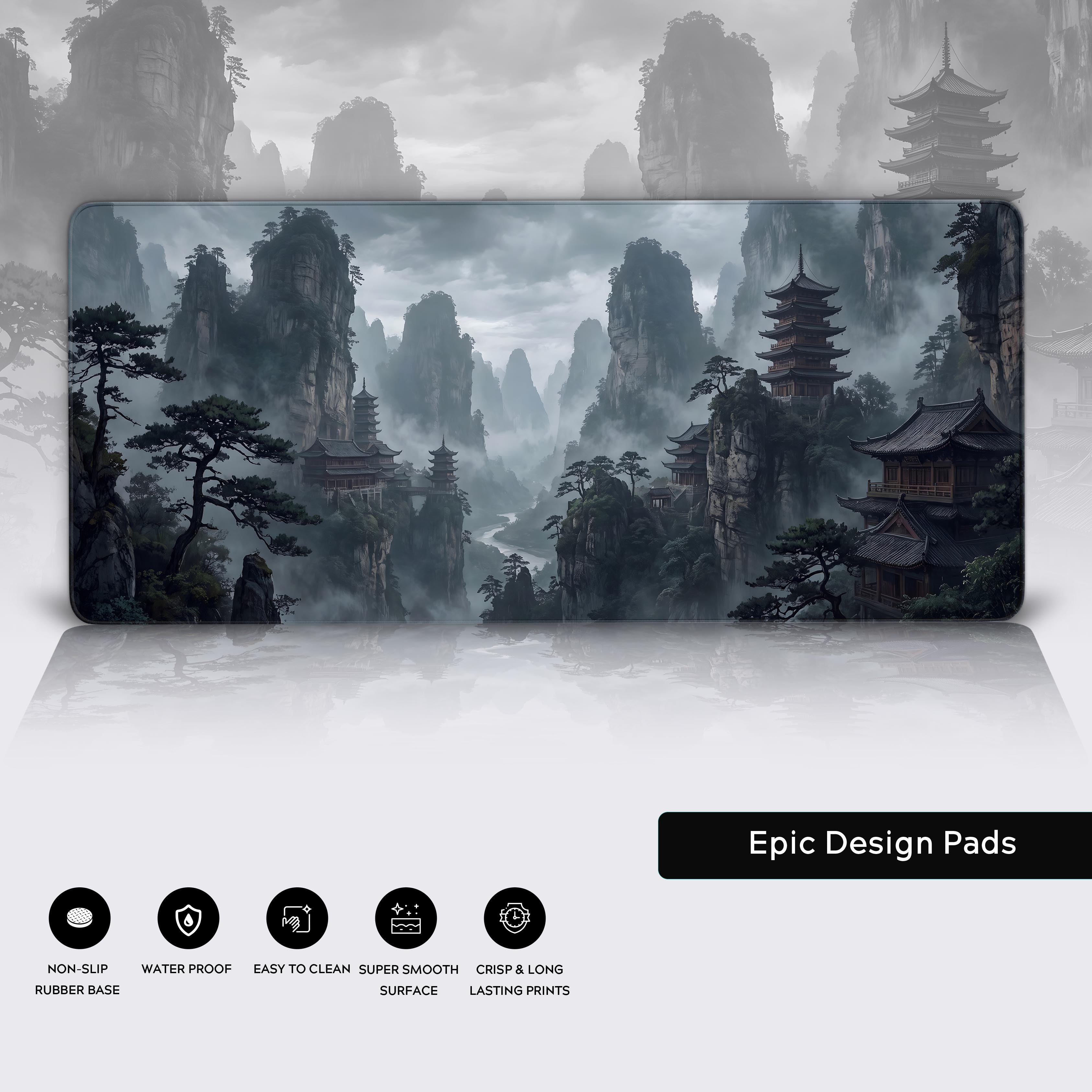 Full view of the misty gorge mountain desk mat for aesthetic workspace setups