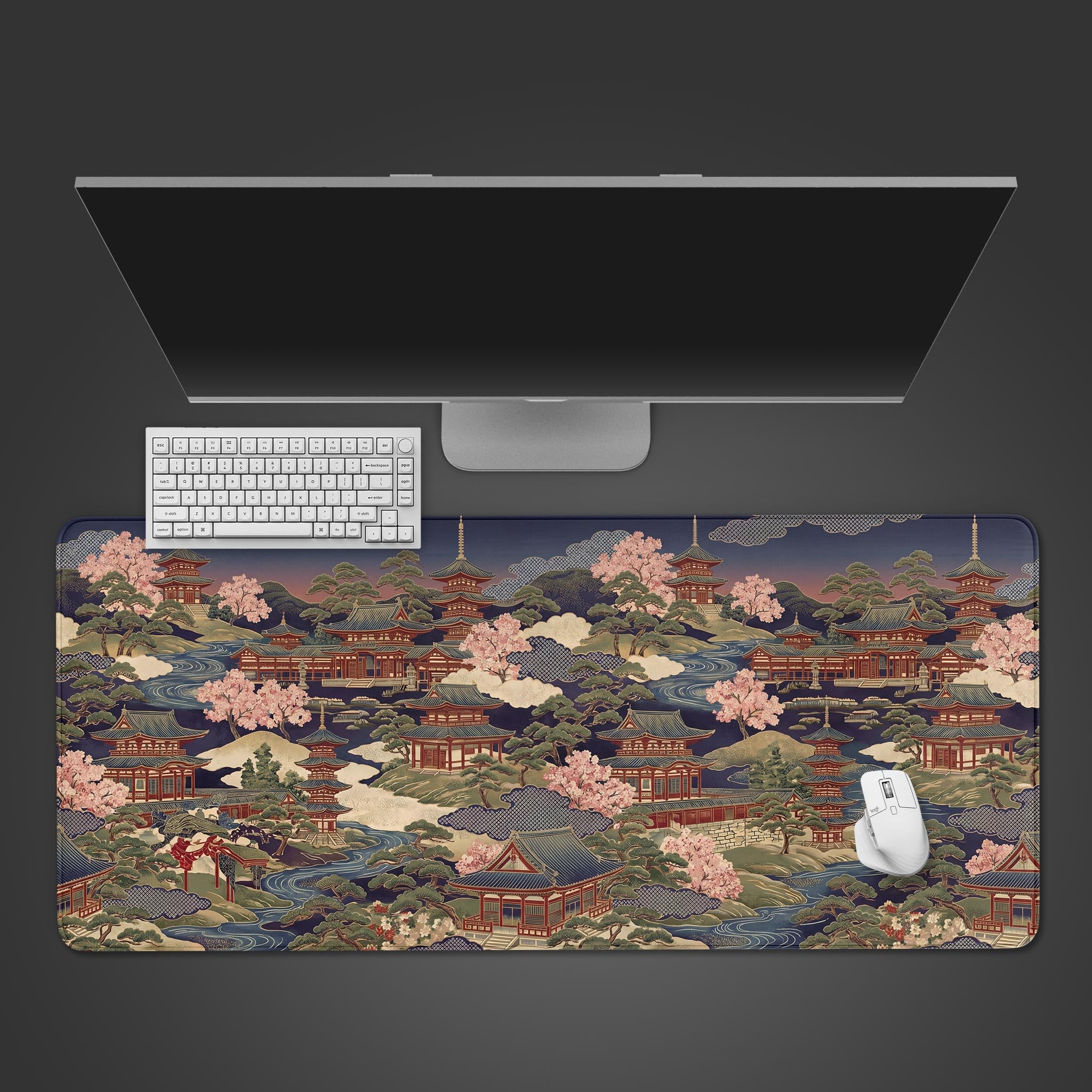 A large desk mat featuring a repeating traditional Japanese pattern with pagodas, cherry blossoms, and rivers on a dark navy background.
