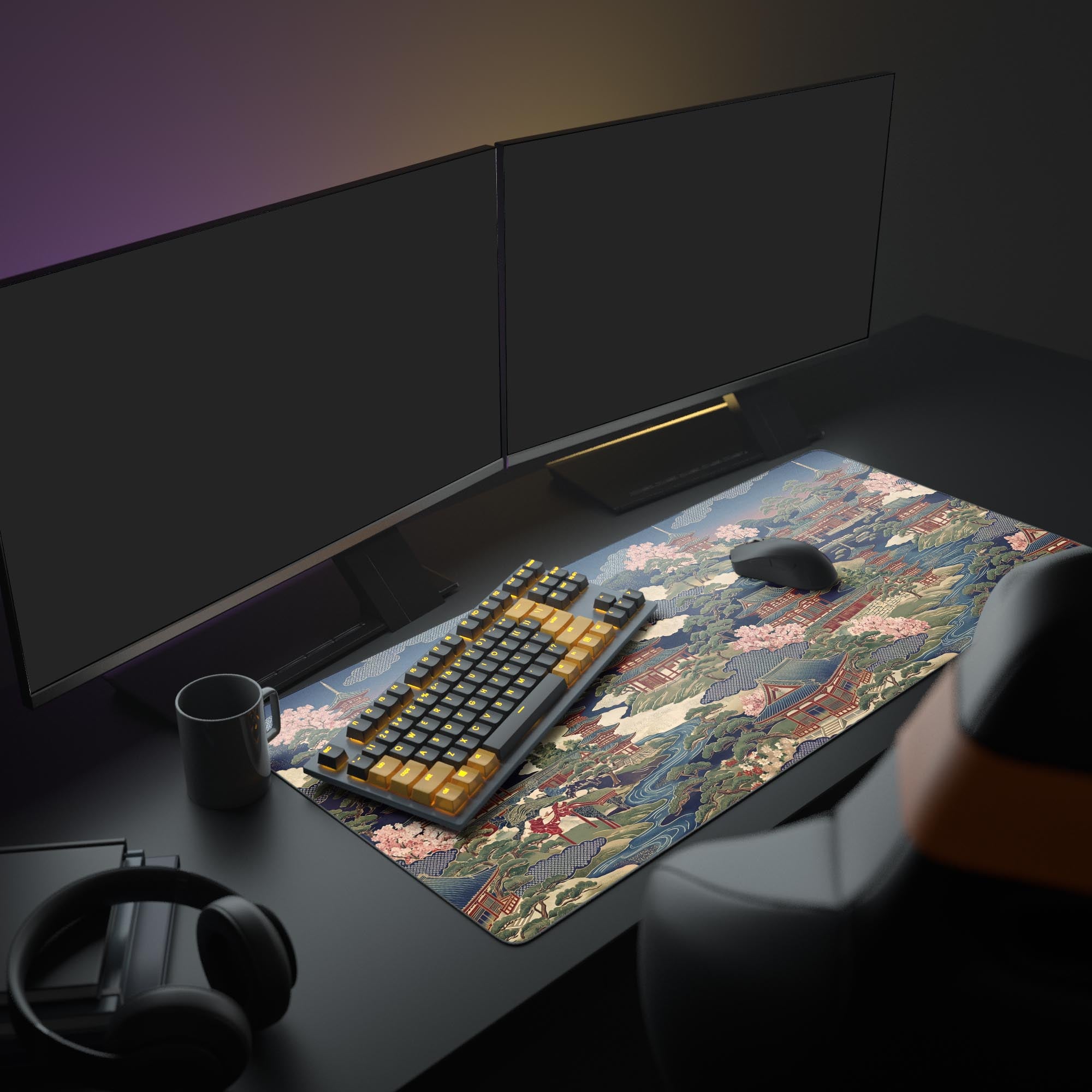 Close-up of the Sakura Pagoda desk mat showing intricate details of Japanese temples, pink cherry blossoms, and smooth fabric texture.