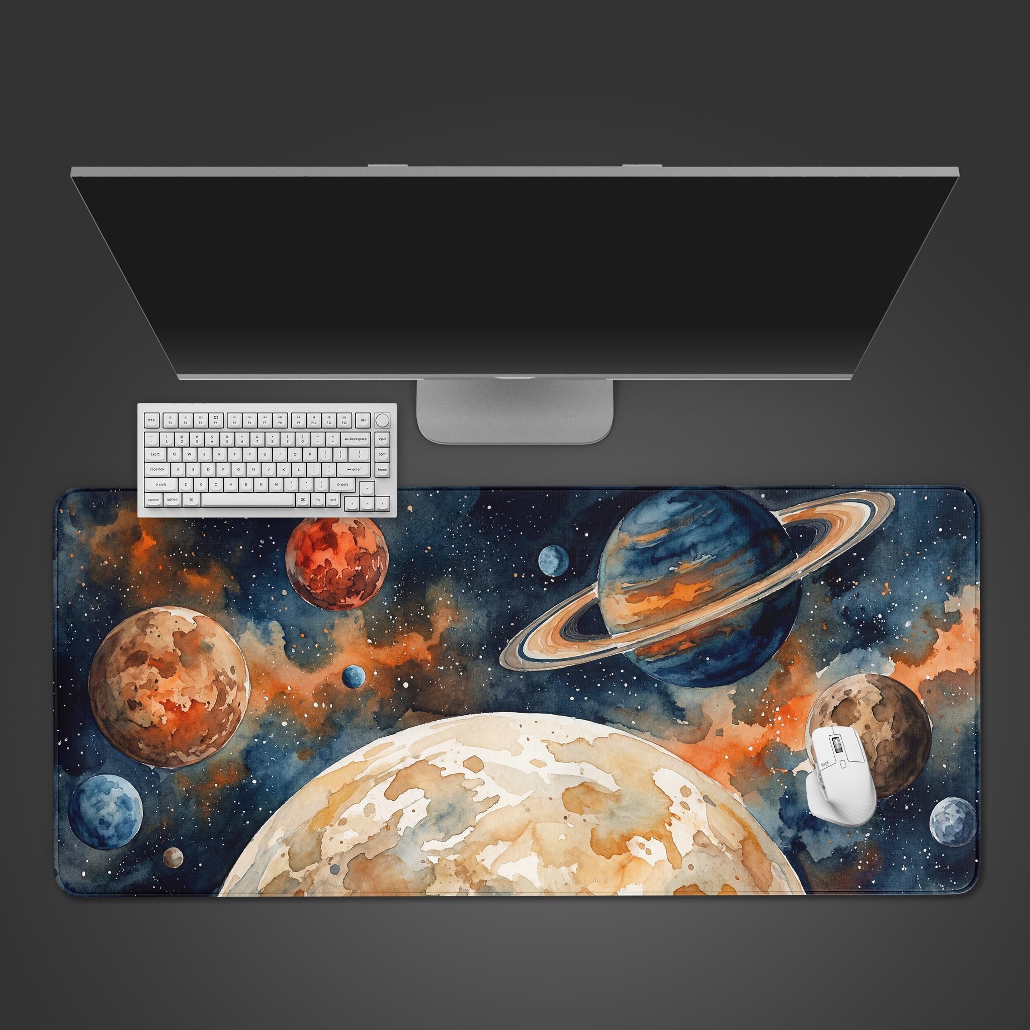 Painted Cosmos desk mat with watercolor galaxy design, shown on a desk with a keyboard and mouse. - Epic Design Pads & Mousepads