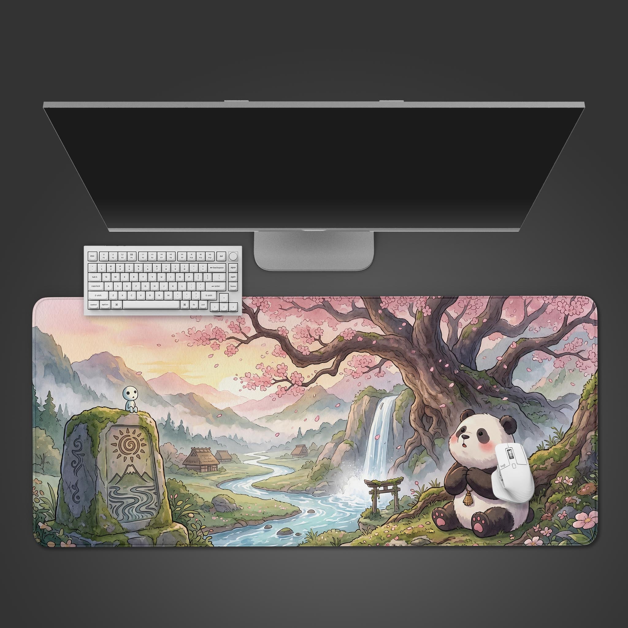 Kawaii panda sitting under a giant cherry blossom tree desk mat